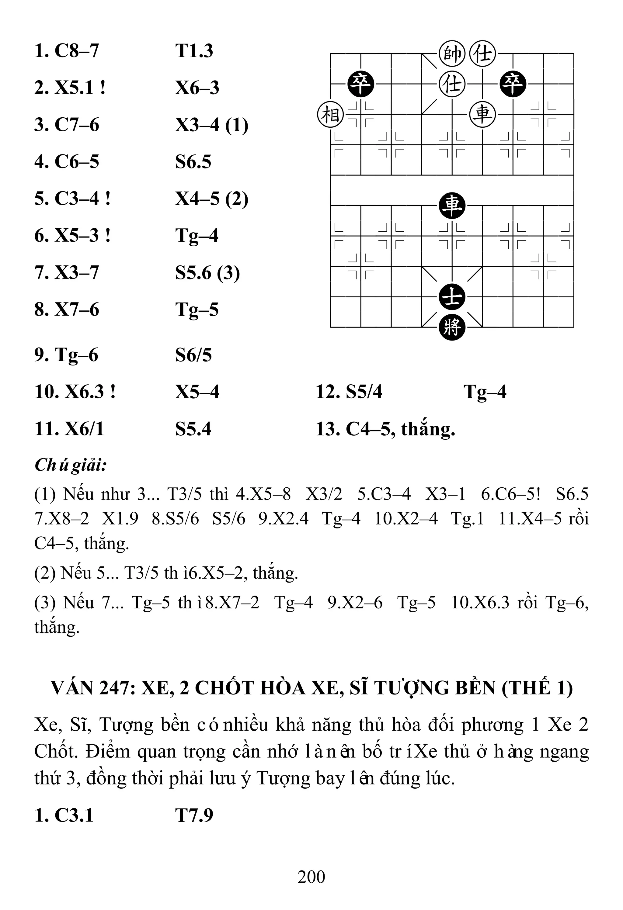 200
1. C8–7 T1.3 788=ka889
4P55a5P56
e%5[5r5%6
$5%5%5%5^
422222226
4888R8886
$5%5%5%5^
4%5;5'5%6
4555A5556
122.K/223
2. X5.1 ! X6–3
3. C7–6 X3–4 (1)
4. C6–5 S6.5
5. C3–4 ! X4–5 (2)
6. X5–3 ! Tg–4
7. X3–7 S5.6 (3)
8. X7–6 Tg–5
9. Tg–6 S6/5
10. X6.3 ! X5–4 12. S5/4 Tg–4
11. X6/1 S5.4 13. C4–5, thắng.
Chúgiải:
(1) Nếu như 3... T3/5 thì 4.X5–8 X3/2 5.C3–4 X3–1 6.C6–5! S6.5
7.X8–2 X1.9 8.S5/6 S5/6 9.X2.4 Tg–4 10.X2–4 Tg.1 11.X4–5 rồi
C4–5, thắng.
(2) Nếu 5... T3/5 thì6.X5–2, thắng.
(3) Nếu 7... Tg–5 thì8.X7–2 Tg–4 9.X2–6 Tg–5 10.X6.3 rồi Tg–6,
thắng.
VÁN 247: XE, 2 CHỐT HÒA XE, SĨ TƢỢNG BỀN (THẾ 1)
Xe, Sĩ, Tượng bền cónhiều khả năng thủ hòa đối phương 1 Xe 2
Chốt. Điểm quan trọng cần nhớ lànên bố tríXe thủ ở hàng ngang
thứ 3, đồng thời phải lưu ý Tượng bay lên đúng lúc.
1. C3.1 T7.9
 