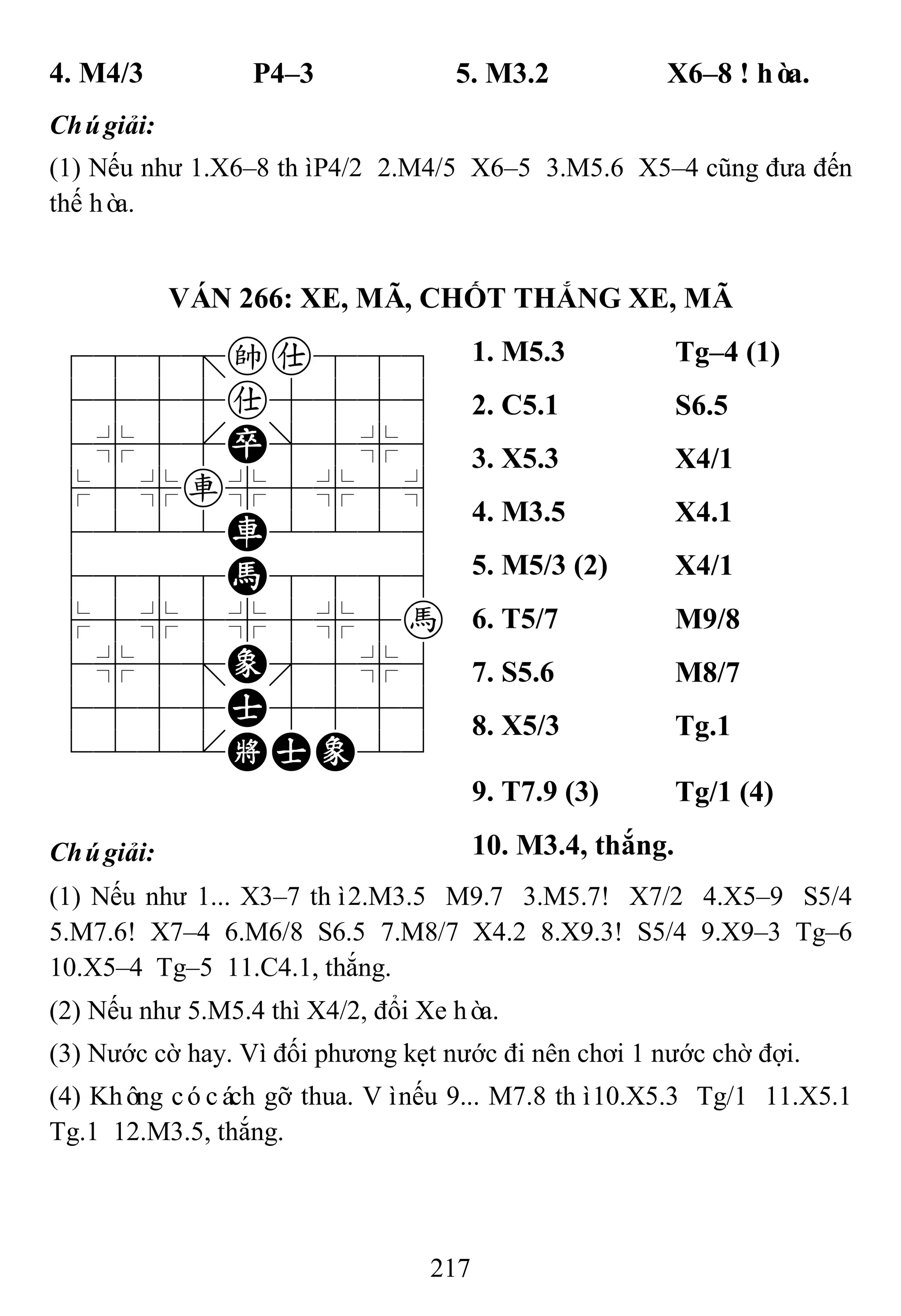 217
4. M4/3 P4–3 5. M3.2 X6–8 ! hòa.
Chúgiải:
(1) Nếu như 1.X6–8 thìP4/2 2.M4/5 X6–5 3.M5.6 X5–4 cũng đưa đến
thế hòa.
VÁN 266: XE, MÃ, CHỐT THẮNG XE, MÃ
788=ka889
4555a5556
4%5[P]5%6
$5%r%5%5^
4222R2226
4888H8886
$5%5%5%5h
4%5;E'5%6
4555A5556
122.KAE23
1. M5.3 Tg–4 (1)
2. C5.1 S6.5
3. X5.3 X4/1
4. M3.5 X4.1
5. M5/3 (2) X4/1
6. T5/7 M9/8
7. S5.6 M8/7
8. X5/3 Tg.1
9. T7.9 (3) Tg/1 (4)
Chúgiải: 10. M3.4, thắng.
(1) Nếu như 1... X3–7 thì2.M3.5 M9.7 3.M5.7! X7/2 4.X5–9 S5/4
5.M7.6! X7–4 6.M6/8 S6.5 7.M8/7 X4.2 8.X9.3! S5/4 9.X9–3 Tg–6
10.X5–4 Tg–5 11.C4.1, thắng.
(2) Nếu như 5.M5.4 thì X4/2, đổi Xe hòa.
(3) Nước cờ hay. Vì đối phương kẹt nước đi nên chơi 1 nước chờ đợi.
(4) Không cócách gỡ thua. Vìnếu 9... M7.8 thì10.X5.3 Tg/1 11.X5.1
Tg.1 12.M3.5, thắng.
 