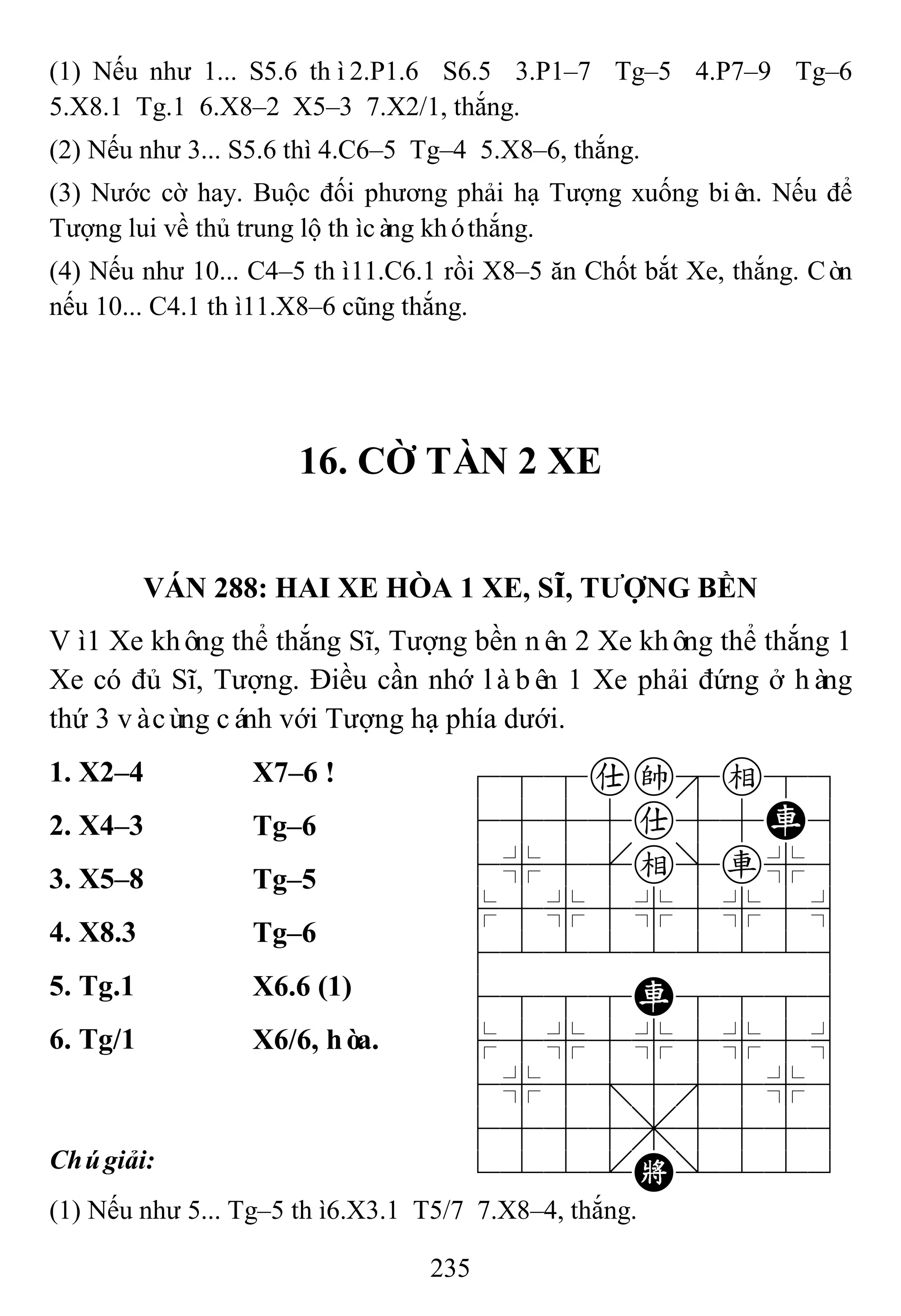 235
(1) Nếu như 1... S5.6 thì2.P1.6 S6.5 3.P1–7 Tg–5 4.P7–9 Tg–6
5.X8.1 Tg.1 6.X8–2 X5–3 7.X2/1, thắng.
(2) Nếu như 3... S5.6 thì 4.C6–5 Tg–4 5.X8–6, thắng.
(3) Nước cờ hay. Buộc đối phương phải hạ Tượng xuống biên. Nếu để
Tượng lui về thủ trung lộ thìcàng khóthắng.
(4) Nếu như 10... C4–5 thì11.C6.1 rồi X8–5 ăn Chốt bắt Xe, thắng. Còn
nếu 10... C4.1 thì11.X8–6 cũng thắng.
16. CỜ TÀN 2 XE
VÁN 288: HAI XE HÒA 1 XE, SĨ, TƢỢNG BỀN
Vì1 Xe không thể thắng Sĩ, Tượng bền nên 2 Xe không thể thắng 1
Xe có đủ Sĩ, Tượng. Điều cần nhớ làbên 1 Xe phải đứng ở hàng
thứ 3 vàcùng cánh với Tượng hạ phía dưới.
1. X2–4 X7–6 ! 788ake89
4555a55R6
4%5[e]r%6
$5%5%5%5^
422222226
4888R8886
$5%5%5%5^
4%5;5'5%6
4555,5556
122.K/223
2. X4–3 Tg–6
3. X5–8 Tg–5
4. X8.3 Tg–6
5. Tg.1 X6.6 (1)
6. Tg/1 X6/6, hòa.
Chúgiải:
(1) Nếu như 5... Tg–5 thì6.X3.1 T5/7 7.X8–4, thắng.
 