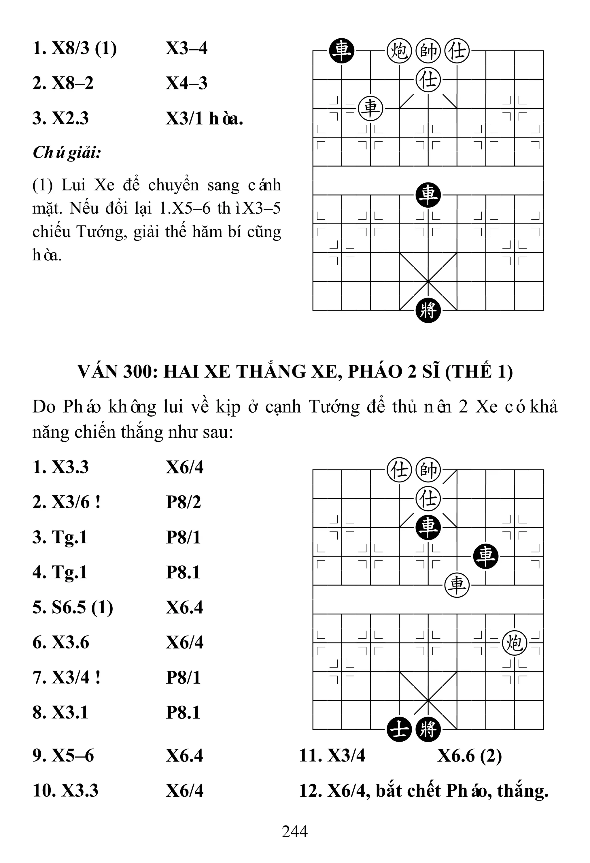 244
1. X8/3 (1) X3–4 7R8cka889
4555a5556
4%r[5]5%6
$5%5%5%5^
422222226
4888R8886
$5%5%5%5^
4%5;5'5%6
4555,5556
122.K/223
2. X8–2 X4–3
3. X2.3 X3/1 hòa.
Chúgiải:
(1) Lui Xe để chuyển sang cánh
mặt. Nếu đổi lại 1.X5–6 thìX3–5
chiếu Tướng, giải thế hăm bí cũng
hòa.
VÁN 300: HAI XE THẮNG XE, PHÁO 2 SĨ (THẾ 1)
Do Pháo không lui về kịp ở cạnh Tướng để thủ nên 2 Xe cókhả
năng chiến thắng như sau:
1. X3.3 X6/4 788ak889
4555a5556
4%5[R]5%6
$5%5%5R5^
42222r226
488888886
$5%5%5%c^
4%5;5'5%6
4555,5556
122AK/223
2. X3/6 ! P8/2
3. Tg.1 P8/1
4. Tg.1 P8.1
5. S6.5 (1) X6.4
6. X3.6 X6/4
7. X3/4 ! P8/1
8. X3.1 P8.1
9. X5–6 X6.4 11. X3/4 X6.6 (2)
10. X3.3 X6/4 12. X6/4, bắt chết Pháo, thắng.
 
