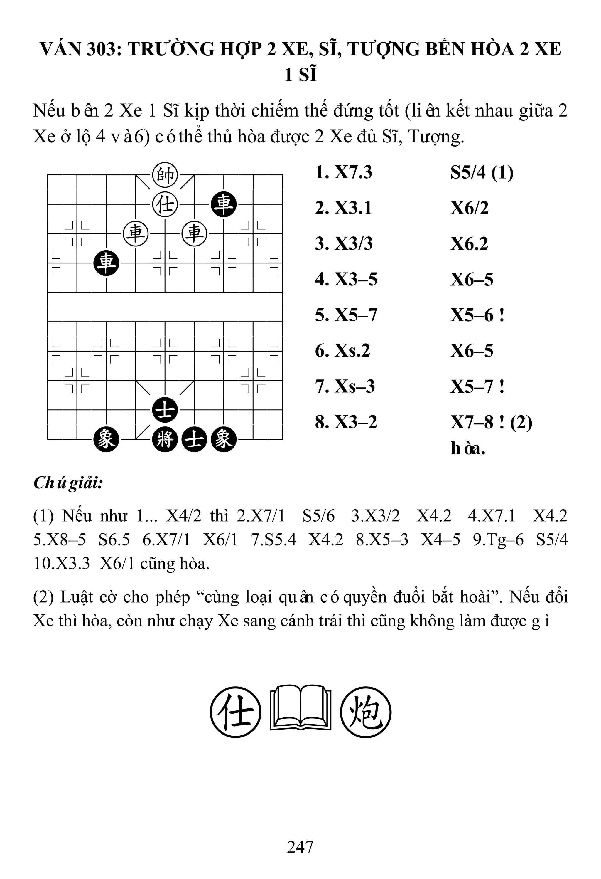 247
VÁN 303: TRƢỜNG HỢP 2 XE, SĨ, TƢỢNG BỀN HÒA 2 XE
1 SĨ
Nếu bên 2 Xe 1 Sĩ kịp thời chiếm thế đứng tốt (liên kết nhau giữa 2
Xe ở lộ 4 và6) cóthể thủ hòa được 2 Xe đủ Sĩ, Tượng.
788=k889
4555a5R56
4%5r5r5%6
$5R5%5%5^
422222226
488888886
$5%5%5%5^
4%5;5'5%6
4555A5556
12E.KAE23
1. X7.3 S5/4 (1)
2. X3.1 X6/2
3. X3/3 X6.2
4. X3–5 X6–5
5. X5–7 X5–6 !
6. Xs.2 X6–5
7. Xs–3 X5–7 !
8. X3–2 X7–8 ! (2)
hòa.
Chúgiải:
(1) Nếu như 1... X4/2 thì 2.X7/1 S5/6 3.X3/2 X4.2 4.X7.1 X4.2
5.X8–5 S6.5 6.X7/1 X6/1 7.S5.4 X4.2 8.X5–3 X4–5 9.Tg–6 S5/4
10.X3.3 X6/1 cũng hòa.
(2) Luật cờ cho phép “cùng loại quân cóquyền đuổi bắt hoài”. Nếu đổi
Xe thì hòa, còn như chạy Xe sang cánh trái thì cũng không làm được gì.
ac
 