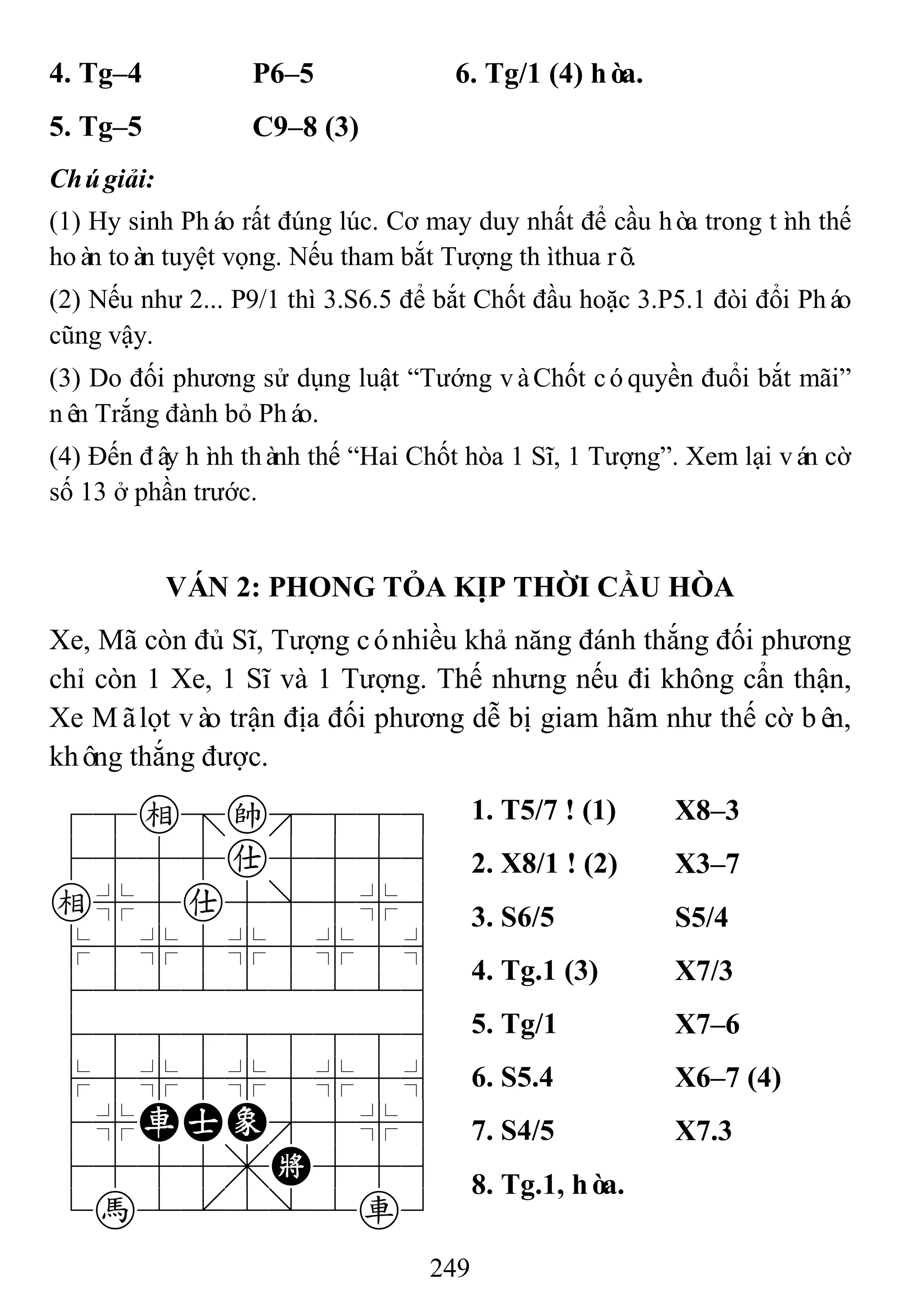 249
4. Tg–4 P6–5 6. Tg/1 (4) hòa.
5. Tg–5 C9–8 (3)
Chúgiải:
(1) Hy sinh Pháo rất đúng lúc. Cơ may duy nhất để cầu hòa trong tình thế
hoàn toàn tuyệt vọng. Nếu tham bắt Tượng thìthua rõ.
(2) Nếu như 2... P9/1 thì 3.S6.5 để bắt Chốt đầu hoặc 3.P5.1 đòi đổi Pháo
cũng vậy.
(3) Do đối phương sử dụng luật “Tướng vàChốt cóquyền đuổi bắt mãi”
nên Trắng đành bỏ Pháo.
(4) Đến đây hình thành thế “Hai Chốt hòa 1 Sĩ, 1 Tượng”. Xem lại ván cờ
số 13 ở phần trước.
VÁN 2: PHONG TỎA KỊP THỜI CẦU HÒA
Xe, Mã còn đủ Sĩ, Tượng cónhiều khả năng đánh thắng đối phương
chỉ còn 1 Xe, 1 Sĩ và 1 Tượng. Thế nhưng nếu đi không cẩn thận,
Xe Mãlọt vào trận địa đối phương dễ bị giam hãm như thế cờ bên,
không thắng được.
78e=k889
4555a5556
e%5a5]5%6
$5%5%5%5^
422222226
488888886
$5%5%5%5^
4%RAE'5%6
4555,K556
1h2.2/2r3
1. T5/7 ! (1) X8–3
2. X8/1 ! (2) X3–7
3. S6/5 S5/4
4. Tg.1 (3) X7/3
5. Tg/1 X7–6
6. S5.4 X6–7 (4)
7. S4/5 X7.3
8. Tg.1, hòa.
 