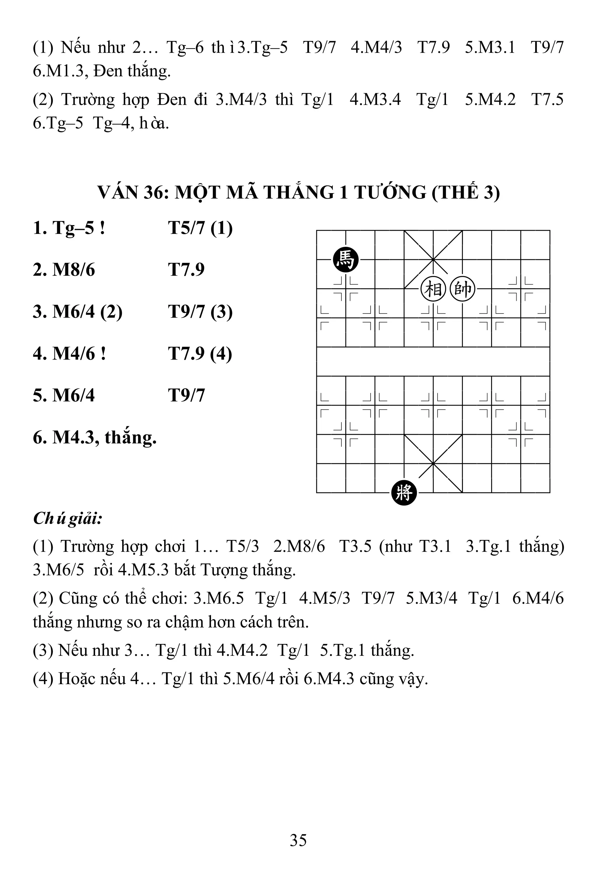 35
(1) Nếu như 2… Tg–6 thì3.Tg–5 T9/7 4.M4/3 T7.9 5.M3.1 T9/7
6.M1.3, Đen thắng.
(2) Trường hợp Đen đi 3.M4/3 thì Tg/1 4.M3.4 Tg/1 5.M4.2 T7.5
6.Tg–5 Tg–4, hòa.
VÁN 36: MỘT MÃ THẮNG 1 TƢỚNG (THẾ 3)
1. Tg–5 ! T5/7 (1) 788=8889
4H55,5556
4%5[ek5%6
$5%5%5%5^
422222226
488888886
$5%5%5%5^
4%5;5'5%6
4555,5556
122K2/223
2. M8/6 T7.9
3. M6/4 (2) T9/7 (3)
4. M4/6 ! T7.9 (4)
5. M6/4 T9/7
6. M4.3, thắng.
Chúgiải:
(1) Trường hợp chơi 1… T5/3 2.M8/6 T3.5 (như T3.1 3.Tg.1 thắng)
3.M6/5 rồi 4.M5.3 bắt Tượng thắng.
(2) Cũng có thể chơi: 3.M6.5 Tg/1 4.M5/3 T9/7 5.M3/4 Tg/1 6.M4/6
thắng nhưng so ra chậm hơn cách trên.
(3) Nếu như 3… Tg/1 thì 4.M4.2 Tg/1 5.Tg.1 thắng.
(4) Hoặc nếu 4… Tg/1 thì 5.M6/4 rồi 6.M4.3 cũng vậy.
 