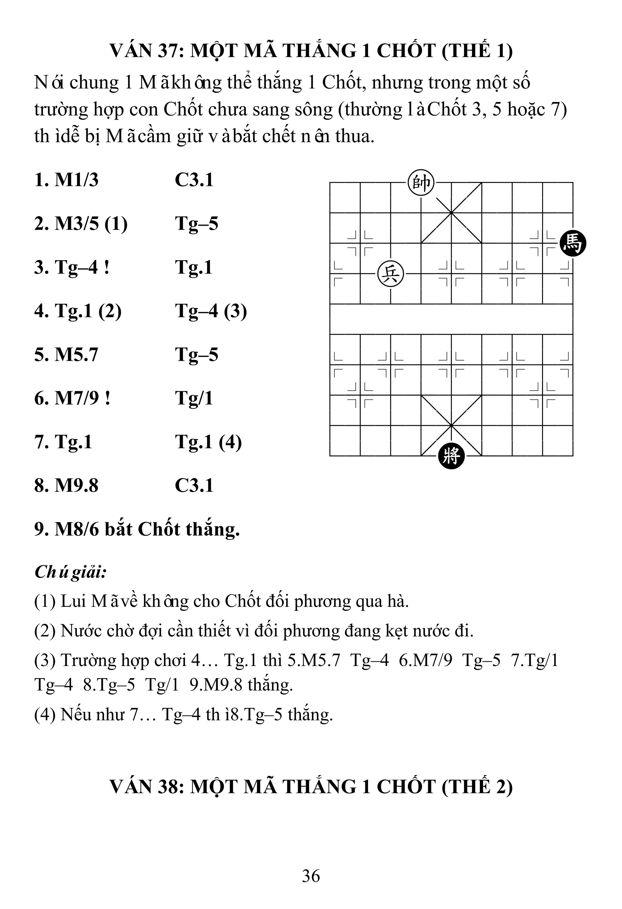 36
VÁN 37: MỘT MÃ THẮNG 1 CHỐT (THẾ 1)
Nói chung 1 Mãkhông thể thắng 1 Chốt, nhưng trong một số
trường hợp con Chốt chưa sang sông (thường làChốt 3, 5 hoặc 7)
thìdễ bị Mãcầm giữ vàbắt chết nên thua.
1. M1/3 C3.1 788k8889
4555,5556
4%5[5]5%H
$5p5%5%5^
422222226
488888886
$5%5%5%5^
4%5;5'5%6
4555,5556
122.K/223
2. M3/5 (1) Tg–5
3. Tg–4 ! Tg.1
4. Tg.1 (2) Tg–4 (3)
5. M5.7 Tg–5
6. M7/9 ! Tg/1
7. Tg.1 Tg.1 (4)
8. M9.8 C3.1
9. M8/6 bắt Chốt thắng.
Chúgiải:
(1) Lui Mãvề không cho Chốt đối phương qua hà.
(2) Nước chờ đợi cần thiết vì đối phương đang kẹt nước đi.
(3) Trường hợp chơi 4… Tg.1 thì 5.M5.7 Tg–4 6.M7/9 Tg–5 7.Tg/1
Tg–4 8.Tg–5 Tg/1 9.M9.8 thắng.
(4) Nếu như 7… Tg–4 thì8.Tg–5 thắng.
VÁN 38: MỘT MÃ THẮNG 1 CHỐT (THẾ 2)
 