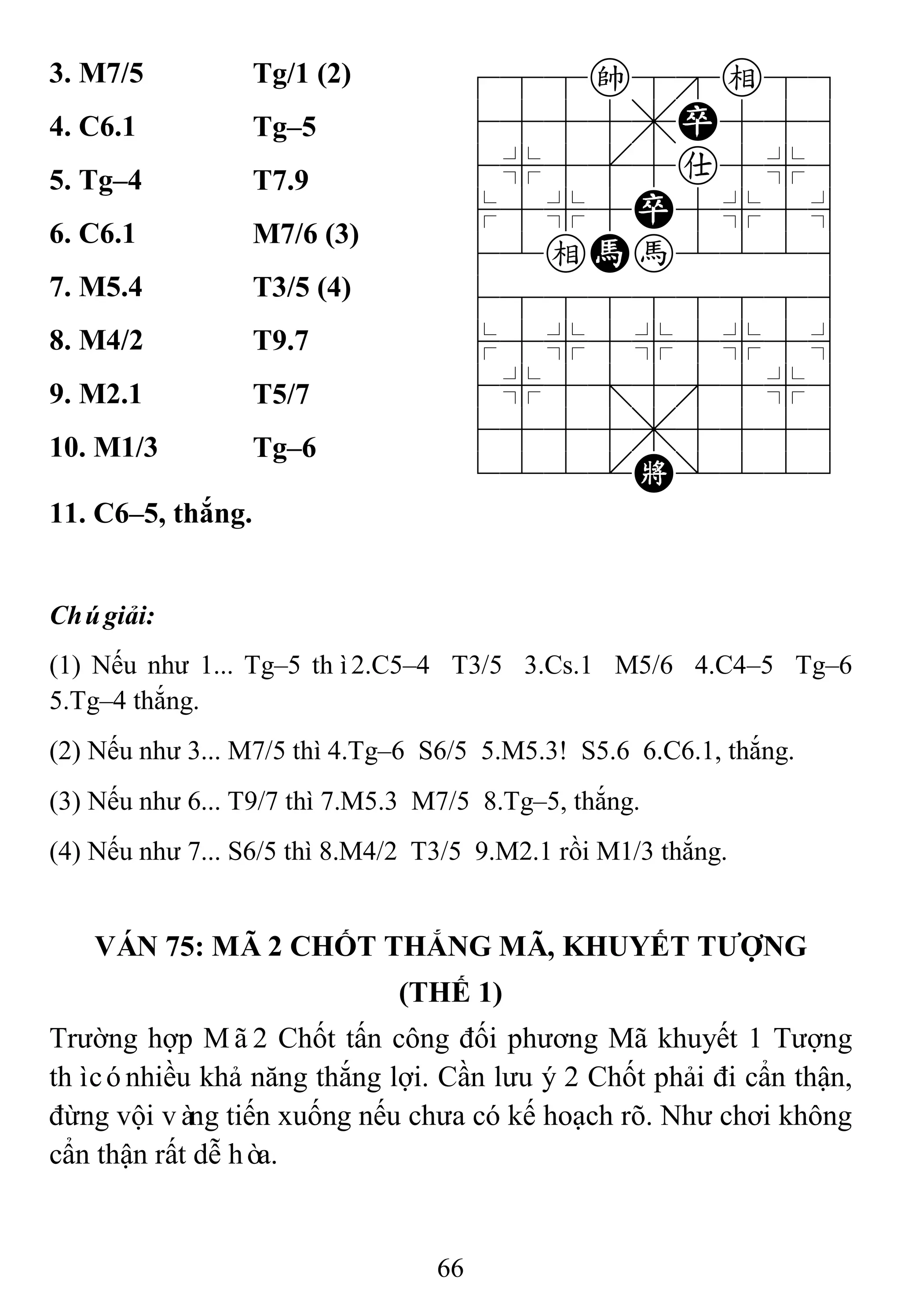 66
3. M7/5 Tg/1 (2) 788k8e89
4555,P556
4%5[5a5%6
$5%5P5%5^
42eHh2226
488888886
$5%5%5%5^
4%5;5'5%6
4555,5556
122.K/223
4. C6.1 Tg–5
5. Tg–4 T7.9
6. C6.1 M7/6 (3)
7. M5.4 T3/5 (4)
8. M4/2 T9.7
9. M2.1 T5/7
10. M1/3 Tg–6
11. C6–5, thắng.
Chúgiải:
(1) Nếu như 1... Tg–5 thì2.C5–4 T3/5 3.Cs.1 M5/6 4.C4–5 Tg–6
5.Tg–4 thắng.
(2) Nếu như 3... M7/5 thì 4.Tg–6 S6/5 5.M5.3! S5.6 6.C6.1, thắng.
(3) Nếu như 6... T9/7 thì 7.M5.3 M7/5 8.Tg–5, thắng.
(4) Nếu như 7... S6/5 thì 8.M4/2 T3/5 9.M2.1 rồi M1/3 thắng.
VÁN 75: MÃ 2 CHỐT THẮNG MÃ, KHUYẾT TƢỢNG
(THẾ 1)
Trường hợp Mã2 Chốt tấn công đối phương Mã khuyết 1 Tượng
thìcónhiều khả năng thắng lợi. Cần lưu ý 2 Chốt phải đi cẩn thận,
đừng vội vàng tiến xuống nếu chưa có kế hoạch rõ. Như chơi không
cẩn thận rất dễ hòa.
 
