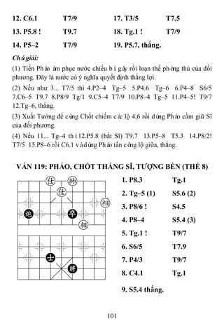 101
12. C6.1 T7/9 17. T3/5 T7.5
13. P5.8 ! T9.7 18. Tg.1 ! T7/9
14. P5–2 T7/9 19. P5.7, thắng.
Chúgiải:
(1) Tiến Pháo ám phục nước chiếu bí, gây rối loạn thế phòng thủ của đối
phương. Đây là nước có ý nghĩa quyết định thắng lợi.
(2) Nếu như 3... T7/5 thì 4.P2–4 Tg–5 5.P4.6 Tg–6 6.P4–8 S6/5
7.C6–5 T9.7 8.P8/9 Tg/1 9.C5–4 T7/9 10.P8–4 Tg–5 11.P4–5! T9/7
12.Tg–6, thắng.
(3) Xuất Tướng để cùng Chốt chiếm các lộ 4,6 rồi dùng Pháo cầm giữ Sĩ
của đối phương.
(4) Nếu 11... Tg–4 thì12.P5.8 (bắt Sĩ) T9.7 13.P5–8 T5.3 14.P8/2!
T7/5 15.P8–6 rồi C6.1 vàdùng Pháo tấn công lộ giữa, thắng.
VÁN 119: PHÁO, CHỐT THẮNG SĨ, TƢỢNG BỀN (THẾ 8)
788a8k889
4555a5556
4%5[5]5%e
$C%5%P%5^
422222e26
488888886
$5%5%5%5^
4%5A5'5%6
4555,K556
122.2/223
1. P8.3 Tg.1
2. Tg–5 (1) S5.6 (2)
3. P8/6 ! S4.5
4. P8–4 S5.4 (3)
5. Tg.1 ! T9/7
6. S6/5 T7.9
7. P4/3 T9/7
8. C4.1 Tg.1
9. S5.4 thắng.
 