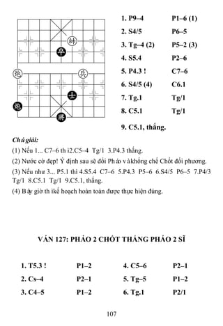 107
788=8889
4555,5556
4%5[5k5%6
$5%5P5%5^
422222226
c88888p86
$5%5%5%5^
4%5;5A5%6
C555,5556
122.K/223
1. P9–4 P1–6 (1)
2. S4/5 P6–5
3. Tg–4 (2) P5–2 (3)
4. S5.4 P2–6
5. P4.3 ! C7–6
6. S4/5 (4) C6.1
7. Tg.1 Tg/1
8. C5.1 Tg/1
9. C5.1, thắng.
Chúgiải:
(1) Nếu 1... C7–6 thì2.C5–4 Tg/1 3.P4.3 thắng.
(2) Nước cờ đẹp! Ý định sau sẽ đổi Pháo vàkhống chế Chốt đối phương.
(3) Nếu như 3... P5.1 thì 4.S5.4 C7–6 5.P4.3 P5–6 6.S4/5 P6–5 7.P4/3
Tg/1 8.C5.1 Tg/1 9.C5.1, thắng.
(4) Bây giờ thìkế hoạch hoàn toàn được thực hiện đúng.
VÁN 127: PHÁO 2 CHỐT THẮNG PHÁO 2 SĨ
1. T5.3 ! P1–2 4. C5–6 P2–1
2. Cs–4 P2–1 5. Tg–5 P1–2
3. C4–5 P1–2 6. Tg.1 P2/1
 