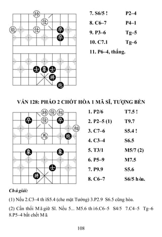 108
788k8889
4555a5556
c%5a5]P%6
$5%5%5P5^
422222226
488888886
$5%5%5%5^
4%5AEA5%6
4555,K556
122.2/C23
7. S6/5 ! P2–4
8. C6–7 P4–1
9. P3–6 Tg–5
10. C7.1 Tg–6
11. P6–4, thắng.
VÁN 128: PHÁO 2 CHỐT HÒA 1 MÃ SĨ, TƢỢNG BỀN
788=kae89
45P5a5P56
4%5[5]5%e
$5%5h5%C^
422222226
48E888E86
$5%5%5%5^
4%5;5A5%6
455K,5556
122.2/223
1. P2/6 T7.5 !
2. P2–5 (1) T9.7
3. C7–6 S5.4 !
4. C3–4 S6.5
5. T3/1 M5/7 (2)
6. P5–9 M7.5
7. P9.9 S5.6
8. C6–7 S6/5 hòa.
Chúgiải:
(1) Nếu 2.C3–4 thìS5.4 (che mặt Tướng) 3.P2.9 S6.5 cũng hòa.
(2) Cần thối Mãgiữ Sĩ. Nếu 5... M5.6 thì6.C6–5 S4/5 7.C4–5 Tg–6
8.P5–4 bắt chết Mã.
 