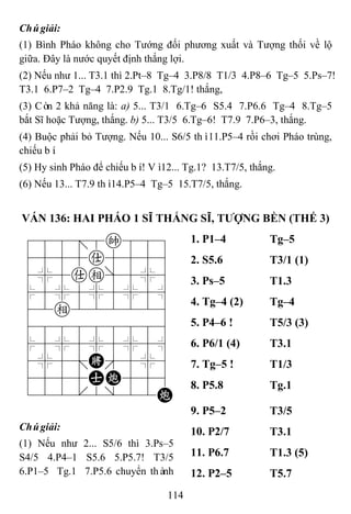 114
Chúgiải:
(1) Bình Pháo không cho Tướng đối phương xuất và Tượng thối về lộ
giữa. Đây là nước quyết định thắng lợi.
(2) Nếu như 1... T3.1 thì 2.Pt–8 Tg–4 3.P8/8 T1/3 4.P8–6 Tg–5 5.Ps–7!
T3.1 6.P7–2 Tg–4 7.P2.9 Tg.1 8.Tg/1! thắng,
(3) Còn 2 khả năng là: a) 5... T3/1 6.Tg–6 S5.4 7.P6.6 Tg–4 8.Tg–5
bắt Sĩ hoặc Tượng, thắng. b) 5... T3/5 6.Tg–6! T7.9 7.P6–3, thắng.
(4) Buộc phải bỏ Tượng. Nếu 10... S6/5 thì11.P5–4 rồi chơi Pháo trùng,
chiếu bí.
(5) Hy sinh Pháo để chiếu bí! Vì12... Tg.1? 13.T7/5, thắng.
(6) Nếu 13... T7.9 thì14.P5–4 Tg–5 15.T7/5, thắng.
VÁN 136: HAI PHÁO 1 SĨ THẮNG SĨ, TƢỢNG BỀN (THẾ 3)
788=8k889
4555a5556
4%5ae]5%6
$5%5%5%5^
42e222226
488888886
$5%5%5%5^
4%5;K'5%6
4555AC556
122.2/22C
1. P1–4 Tg–5
2. S5.6 T3/1 (1)
3. Ps–5 T1.3
4. Tg–4 (2) Tg–4
5. P4–6 ! T5/3 (3)
6. P6/1 (4) T3.1
7. Tg–5 ! T1/3
8. P5.8 Tg.1
Chúgiải:
(1) Nếu như 2... S5/6 thì 3.Ps–5
S4/5 4.P4–1 S5.6 5.P5.7! T3/5
6.P1–5 Tg.1 7.P5.6 chuyển thành
9. P5–2 T3/5
10. P2/7 T3.1
11. P6.7 T1.3 (5)
12. P2–5 T5.7
 