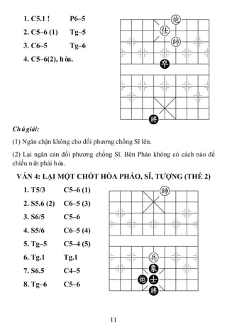 11
1. C5.1 ! P6–5 788=8c889
4555a5556
4%5[5k5%6
$5%5%5%5^
4222P2226
488888886
$5%5%5%5^
4%5;5'5%6
4555,5556
122K2/223
2. C5–6 (1) Tg–5
3. C6–5 Tg–6
4. C5–6(2), hòa.
Chúgiải:
(1) Ngăn chặn không cho đối phương chống Sĩ lên.
(2) Lại ngăn cản đối phương chống Sĩ. Bên Pháo không có cách nào để
chiếu nên phải hòa.
VÁN 4: LẠI MỘT CHỐT HÒA PHÁO, SĨ, TƢỢNG (THẾ 2)
1. T5/3 C5–6 (1) 788=8k889
4555,5556
4%5[5]5%6
$5%5%5%5^
422222226
488888886
$5%5p5%5^
4%5;E'5%6
455CA5556
122.K/223
2. S5.6 (2) C6–5 (3)
3. S6/5 C5–6
4. S5/6 C6–5 (4)
5. Tg–5 C5–4 (5)
6. Tg.1 Tg.1
7. S6.5 C4–5
8. Tg–6 C5–6
 