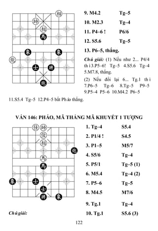 122
788=8e89
455k,5556
4%5[e]5%6
$5%5H5%5^
422222226
48E888E86
c5%5%5%5^
4%5A5K5%6
4555,5556
122.C/223
9. M4.2 Tg–5
10. M2.3 Tg–4
11. P4–6 ! P6/6
12. S5.6 Tg–5
13. P6–5, thắng.
Chú giải: (1) Nếu như 2... P4/4
thì3.P5–6! Tg–5 4.S5.6 Tg–4
5.M7.8, thắng.
(2) Nếu đổi lại 6... Tg.1 thì
7.P6–5 Tg–6 8.Tg–5 P9–5
9.P5–4 P5–6 10.M4.2 P6–5
11.S5.4 Tg–5 12.P4–5 bắt Pháo thắng.
VÁN 146: PHÁO, MÃ THẮNG MÃ KHUYẾT 1 TƢỢNG
788ak889
4555a5556
4%5[e]5%6
$5%5%5%5C
4222h2226
4888H8886
$5%5%5%5^
E%5A5'5%6
4555A5556
122.K/E23
1. Tg–4 S5.4
2. P1/4 ! S4.5
3. P1–5 M5/7
4. S5/6 Tg–4
5. P5/1 Tg–5 (1)
6. M5.4 Tg–4 (2)
7. P5–6 Tg–5
8. M4.5 M7/6
9. Tg.1 Tg–4
Chúgiải: 10. Tg.1 S5.6 (3)
 