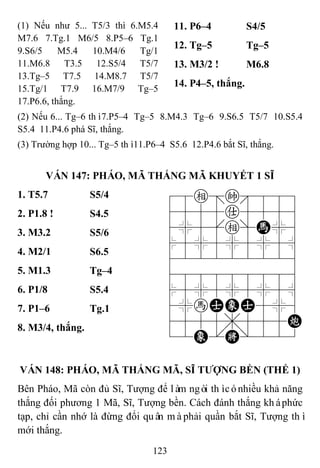 123
(1) Nếu như 5... T5/3 thì 6.M5.4
M7.6 7.Tg.1 M6/5 8.P5–6 Tg.1
9.S6/5 M5.4 10.M4/6 Tg/1
11.M6.8 T3.5 12.S5/4 T5/7
13.Tg–5 T7.5 14.M8.7 T5/7
15.Tg/1 T7.9 16.M7/9 Tg–5
17.P6.6, thắng.
11. P6–4 S4/5
12. Tg–5 Tg–5
13. M3/2 ! M6.8
14. P4–5, thắng.
(2) Nếu 6... Tg–6 thì7.P5–4 Tg–5 8.M4.3 Tg–6 9.S6.5 T5/7 10.S5.4
S5.4 11.P4.6 phá Sĩ, thắng.
(3) Trường hợp 10... Tg–5 thì11.P6–4 S5.6 12.P4.6 bắt Sĩ, thắng.
VÁN 147: PHÁO, MÃ THẮNG MÃ KHUYẾT 1 SĨ
1. T5.7 S5/4 78e=k889
4555a5556
4%5[e]H%6
$5%5%5%5^
422222226
488888886
$5%5%5%5^
4%hAEA5%6
4555,555C
12E.K/223
2. P1.8 ! S4.5
3. M3.2 S5/6
4. M2/1 S6.5
5. M1.3 Tg–4
6. P1/8 S5.4
7. P1–6 Tg.1
8. M3/4, thắng.
VÁN 148: PHÁO, MÃ THẮNG MÃ, SĨ TƢỢNG BỀN (THẾ 1)
Bên Pháo, Mã còn đủ Sĩ, Tượng để làm ngòi thìcónhiều khả năng
thắng đối phương 1 Mã, Sĩ, Tượng bền. Cách đánh thắng kháphức
tạp, chỉ cần nhớ là đừng đổi quân màphải quần bắt Sĩ, Tượng thì
mới thắng.
 