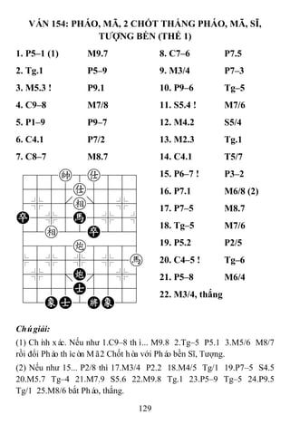 129
VÁN 154: PHÁO, MÃ, 2 CHỐT THẮNG PHÁO, MÃ, SĨ,
TƢỢNG BỀN (THẾ 1)
1. P5–1 (1) M9.7 8. C7–6 P7.5
2. Tg.1 P5–9 9. M3/4 P7–3
3. M5.3 ! P9.1 10. P9–6 Tg–5
4. C9–8 M7/8 11. S5.4 ! M7/6
5. P1–9 P9–7 12. M4.2 S5/4
6. C4.1 P7/2 13. M2.3 Tg.1
7. C8–7 M8.7 14. C4.1 T5/7
788k8a889
4555a5556
4%5[e]5%6
P5%5H5%5^
42e22P226
4888c8886
$5%5%5%5h
4%5;C'5%6
4555A5556
12EA2KE23
15. P6–7 ! P3–2
16. P7.1 M6/8 (2)
17. P7–5 M8.7
18. Tg–5 M7/6
19. P5.2 P2/5
20. C4–5 ! Tg–6
21. P5–8 M6/4
22. M3/4, thắng
Chúgiải:
(1) Chính xác. Nếu như 1.C9–8 thì... M9.8 2.Tg–5 P5.1 3.M5/6 M8/7
rồi đổi Pháo thìcòn Mã2 Chốt hòa với Pháo bền Sĩ, Tượng.
(2) Nếu như 15... P2/8 thì 17.M3/4 P2.2 18.M4/5 Tg/1 19.P7–5 S4.5
20.M5.7 Tg–4 21.M7.9 S5.6 22.M9.8 Tg.1 23.P5–9 Tg–5 24.P9.5
Tg/1 25.M8/6 bắt Pháo, thắng.
 