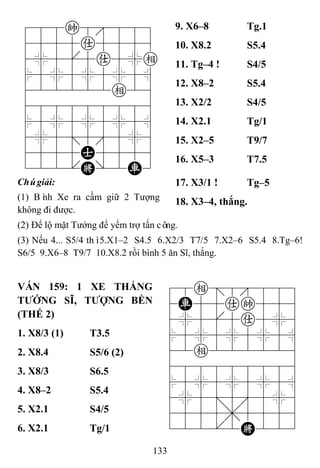 133
788k8889
4555a5556
4%5[5a5%e
$5%5%5%5^
422222e26
488888886
$5%5%5%5^
4%5;5'5%6
4555A5556
122.K/2R3
9. X6–8 Tg.1
10. X8.2 S5.4
11. Tg–4 ! S4/5
12. X8–2 S5.4
13. X2/2 S4/5
14. X2.1 Tg/1
15. X2–5 T9/7
16. X5–3 T7.5
Chúgiải:
(1) Bình Xe ra cầm giữ 2 Tượng
không đi được.
17. X3/1 ! Tg–5
18. X3–4, thắng.
(2) Để lộ mặt Tướng để yểm trợ tấn công.
(3) Nếu 4... S5/4 thì5.X1–2 S4.5 6.X2/3 T7/5 7.X2–6 S5.4 8.Tg–6!
S6/5 9.X6–8 T9/7 10.X8.2 rồi bình 5 ăn Sĩ, thắng.
VÁN 159: 1 XE THẮNG
TƢỚNG SĨ, TƢỢNG BỀN
(THẾ 2)
78e=8889
4R55ak556
4%5[5a5%6
$5%5%5%5^
42e222226
488888886
$5%5%5%5^
4%5;5'5%6
4555,5556
122.2K223
1. X8/3 (1) T3.5
2. X8.4 S5/6 (2)
3. X8/3 S6.5
4. X8–2 S5.4
5. X2.1 S4/5
6. X2.1 Tg/1
 
