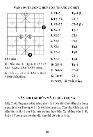 140
VÁN 169: TRƢỜNG HỢP 1 XE THẮNG 3 CHỐT
788=k889
4555,5556
4%5[5]5%6
$5%5%5%5R
422222226
488ppp886
$5%5%5%5^
4%5;5'5%6
4555,5556
122.2K223
1. X1–5 Tg–4 (1)
2. Tg–5 ! C4–3
3. X5–7 ! C3–2 (2)
4. X7–6 Tg–5
5. X6/2 ! C2.1
6. X6/1 C2.1
7. X6/1 Tg.1
8. X6–8 Tg/1
Chúgiải:
(1) Nếu như 1... Tg–6 thì2.X5.2
C6.1 3.X5/2 C5.1 4.X5/3 thắng.
(2) Nếu 3... C3–4 thì4.X7–6 chiếu
vàbắt Chốt, thắng.
9. X8.7 Tg.1
10. X8–4 ! Tg–4
11. X4–5 C5–4
12. Tg–6 C6–7
13. X5/5, bắt Chốt thắng.
VÁN 170: 1 XE HÒA MÃ, CHỐT, TƢỢNG
Mã, Chốt, Tượng cókhả năng thủ hòa 1 Xe khi Chốt đầu còn đứng
nguyên vị và Tượng Mãliên kết bảo vệ nhau. Còn như Chốt đầu đã
tiến lên thìkhóthủ hòa, trừ trường hợp bên Xe không còn 1 Sĩ,
hoặc 1 Tượng nào để cản Mã, như thế cờ bên thìhòa.
 