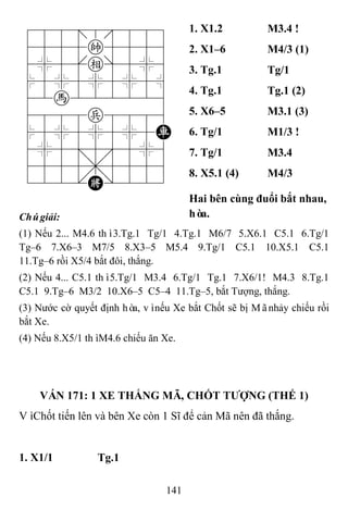 141
788=8889
4555k5556
4%5[e]5%6
$5%5%5%5^
42h222226
4888p8886
$5%5%5%5R
4%5;5'5%6
4555,5556
122.K/223
1. X1.2 M3.4 !
2. X1–6 M4/3 (1)
3. Tg.1 Tg/1
4. Tg.1 Tg.1 (2)
5. X6–5 M3.1 (3)
6. Tg/1 M1/3 !
7. Tg/1 M3.4
8. X5.1 (4) M4/3
Chúgiải:
Hai bên cùng đuổi bắt nhau,
hòa.
(1) Nếu 2... M4.6 thì3.Tg.1 Tg/1 4.Tg.1 M6/7 5.X6.1 C5.1 6.Tg/1
Tg–6 7.X6–3 M7/5 8.X3–5 M5.4 9.Tg/1 C5.1 10.X5.1 C5.1
11.Tg–6 rồi X5/4 bắt đôi, thắng.
(2) Nếu 4... C5.1 thì5.Tg/1 M3.4 6.Tg/1 Tg.1 7.X6/1! M4.3 8.Tg.1
C5.1 9.Tg–6 M3/2 10.X6–5 C5–4 11.Tg–5, bắt Tượng, thắng.
(3) Nước cờ quyết định hòa, vìnếu Xe bắt Chốt sẽ bị Mãnhảy chiếu rồi
bắt Xe.
(4) Nếu 8.X5/1 thìM4.6 chiếu ăn Xe.
VÁN 171: 1 XE THẮNG MÃ, CHỐT TƢỢNG (THẾ 1)
VìChốt tiến lên và bên Xe còn 1 Sĩ để cản Mã nên đã thắng.
1. X1/1 Tg.1
 