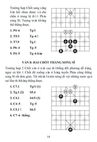 14
Trường hợp Chốt sang sông
liên kết nhau được và che
chắn ở trung lộ thì1 Pháo
cùng Sĩ, Tượng toàn không
thể thắng được.
788=8889
4555k5556
4%5[5]5%6
$5%5%5%5^
422222226
488pp8886
$5%5%5%5^
4%5AEA5%6
4555K5556
12E.2C223
1. P4–6 Tg/1
2. T5/3 Tg–6 !
3. T7.9 Tg.1
4. P6–4 Tg–5
5. P4–5 Tg–6 hòa
VÁN 8: HAI CHỐT THẮNG SONG SĨ
Trường hợp 2 Chốt còn ở trên cao thìthắng đối phương dễ dàng,
ngay cả khi 1 Chốt đã xuống sâu ở hàng tuyến Pháo cũng thắng
song Sĩ rất đơn giản. Tất nhiên lànôn nóng đi vội những nước quá
sai lầm thìkhông thắng được.
1. C7.1 Tg/1 (1) 788=8a889
455ka5556
4%P[5]5%6
$5%5%P%5^
422222226
488888886
$5%5%5%5^
4%5;5'5%6
4555,5556
122.K/223
2. Tg.1 (2) S5.4
3. C4.1 S4/5 (3)
4. C4–5 Tg–5
5. C5.1 ! S6.5
6. C7–6 thắng.
 