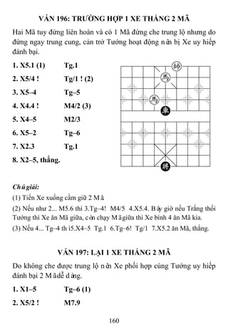 160
VÁN 196: TRƢỜNG HỢP 1 XE THẮNG 2 MÃ
Hai Mã tuy đứng liên hoàn và có 1 Mã đứng che trung lộ nhưng do
đứng ngay trung cung, cản trở Tướng hoạt động nên bị Xe uy hiếp
đánh bại.
1. X5.1 (1) Tg.1 788=8k889
4555h5556
4%5[5]5%6
$5%h%5%5^
4222R2226
488888886
$5%5%5%5^
4%5;5'5%6
4555,5556
122.K/223
2. X5/4 ! Tg/1 ! (2)
3. X5–4 Tg–5
4. X4.4 ! M4/2 (3)
5. X4–5 M2/3
6. X5–2 Tg–6
7. X2.3 Tg.1
8. X2–5, thắng.
Chúgiải:
(1) Tiến Xe xuống cầm giữ 2 Mã.
(2) Nếu như 2... M5.6 thì 3.Tg–4! M4/5 4.X5.4. Bây giờ nếu Trắng thối
Tướng thì Xe ăn Mã giữa, còn chạy Mãgiữa thì Xe bình 4 ăn Mã kia.
(3) Nếu 4... Tg–4 thì5.X4–5 Tg.1 6.Tg–6! Tg/1 7.X5.2 ăn Mã, thắng.
VÁN 197: LẠI 1 XE THẮNG 2 MÃ
Do không che được trung lộ nên Xe phối hợp cùng Tướng uy hiếp
đánh bại 2 Mãdễ dàng.
1. X1–5 Tg–6 (1)
2. X5/2 ! M7.9
 