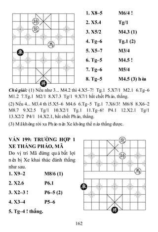 162
788=8889
455k,5556
4%5c5]5%6
$5%5%5%5^
42222h226
4R8888886
$5%5%5%5^
4%5;5'5%6
4555,5556
122.K/223
1. X8–5 M6/4 !
2. X5.4 Tg/1
3. X5/2 M4.3 (1)
4. Tg–6 Tg.1 (2)
5. X5–7 M3/4
6. Tg–5 M4.5 !
7. Tg–6 M5/4
8. Tg–5 M4.5 (3) hòa
Chúgiải: (1) Nếu như 3... M4.2 thì 4.X5–7! Tg.1 5.X7/1 M2.1 6.Tg–6
M1.2 7.Tg.1 M2/1 8.X7.3 Tg/1 9.X7/1 bắt chết Pháo, thắng.
(2) Nếu 4... M3.4 thì5.X5–6 M4.6 6.Tg–5 Tg.1 7.X6/3! M6/8 8.X6–2
M8.7 9.X2.5 Tg/1 10.X2/1 Tg.1 11.Tg–6! P4.1 12.X2.1 Tg/1
13.X2/2 P4/1 14.X2.1, bắt chết Pháo, thắng.
(3) Mãkhông rời xa Pháo nên Xe không thể nào thắng được.
VÁN 199: TRƢỜNG HỢP 1
XE THẮNG PHÁO, MÃ
Do vị trí Mã đứng quábất lợi
nên bị Xe khai thác đánh thắng
như sau.
788=8c889
4555,5556
4%5[5k5%6
$5%5%5%5^
4222222h6
488888886
R5%5%5%5^
4%5;5'5%6
4555,5556
122.K/223
1. X9–2 M8/6 (1)
2. X2.6 P6.1
3. X2–3 ! P6–5 (2)
4. X3–4 P5–6
5. Tg–4 ! thắng.
 