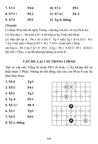 164
7. X7.2 P4/4 10. X7.1 P5/1
8. X7/1 ! P5.2 11. X7–6 ! P4–3
9. X7/2 P5/1 12. Tg–6, thắng.
Chúgiải:
(1) Buộc Pháo thối để nghẹt Tướng vàkhông liên kết với con Pháo kia.
(2) Nếu như 3... P6/4 thì 4.X7–4 rồi tiếp sẽ Tg–4 bắt chết Pháo.
(3) Như đổi lại 4... P6–5 thì5.X4–5 Tg–5 (nếu Tg.1 thì6.X5/1 Pt.1
7.Tg–4 bắt chết 1 Pháo) 6.X5/1 Pt.1 7.X5/1 sẽ bắt chết 1 Pháo.
(4) Nếu 6... P3–5 thì7.X7–5! P5/1 8.Tg.1 P5.1 9.X5/1! P5.1 10.X5/1
bắt chết 1 Pháo, vì ép đối phương không có nước đi.
VÁN 202: LẠI 1 XE THẮNG 2 PHÁO
Thế cờ này nếu Trắng đi trước P8/2 thìhòa, vìXe không thể uy
hiếp được 2 Pháo. Nhưng do thế đứng xấu của con Pháo 8 nên Xe
khai thác được.
1. X5.4 Tg/1 788=8889
455k,5556
4%5[5]5%6
$5%c%5%5^
422222226
4888R8886
$5%5%5%5^
4%5;5'5%6
4555K55c6
122.2/223
2. X5/2 P4/1
3. X5.1 Tg.1
4. Tg–6 P4.1
5. X5–2 ! P8–9
6. X2.1 Tg/1
7. X2/2 P4/1
8. X2.1, thắng.
 