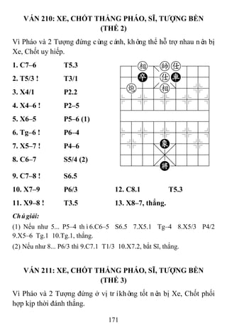 171
VÁN 210: XE, CHỐT THẮNG PHÁO, SĨ, TƢỢNG BỀN
(THẾ 2)
Vì Pháo và 2 Tượng đứng cùng cánh, không thể hỗ trợ nhau nên bị
Xe, Chốt uy hiếp.
1. C7–6 T5.3 78e=ka889
45P5aR556
4c5[e]5%6
$5%5%5%5^
422222226
488888886
$5%5%5%5^
4%5;E'5%6
4555,5556
122.K/223
2. T5/3 ! T3/1
3. X4/1 P2.2
4. X4–6 ! P2–5
5. X6–5 P5–6 (1)
6. Tg–6 ! P6–4
7. X5–7 ! P4–6
8. C6–7 S5/4 (2)
9. C7–8 ! S6.5
10. X7–9 P6/3 12. C8.1 T5.3
11. X9–8 ! T3.5 13. X8–7, thắng.
Chúgiải:
(1) Nếu như 5... P5–4 thì6.C6–5 S6.5 7.X5.1 Tg–4 8.X5/3 P4/2
9.X5–6 Tg.1 10.Tg.1, thắng.
(2) Nếu như 8... P6/3 thì 9.C7.1 T1/3 10.X7.2, bắt Sĩ, thắng.
VÁN 211: XE, CHỐT THẮNG PHÁO, SĨ, TƢỢNG BỀN
(THẾ 3)
Vì Pháo và 2 Tượng đứng ở vị tríkhông tốt nên bị Xe, Chốt phối
hợp kịp thời đánh thắng.
 