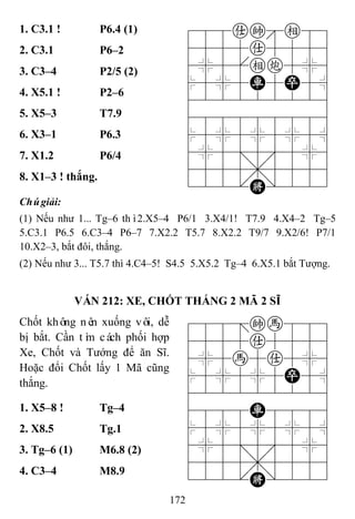 172
1. C3.1 ! P6.4 (1) 788ake89
4555a5556
4%5[ec5%6
$5%5R5P5^
422222226
488888886
$5%5%5%5^
4%5;5'5%6
4555,5556
122.K/223
2. C3.1 P6–2
3. C3–4 P2/5 (2)
4. X5.1 ! P2–6
5. X5–3 T7.9
6. X3–1 P6.3
7. X1.2 P6/4
8. X1–3 ! thắng.
Chúgiải:
(1) Nếu như 1... Tg–6 thì2.X5–4 P6/1 3.X4/1! T7.9 4.X4–2 Tg–5
5.C3.1 P6.5 6.C3–4 P6–7 7.X2.2 T5.7 8.X2.2 T9/7 9.X2/6! P7/1
10.X2–3, bắt đôi, thắng.
(2) Nếu như 3... T5.7 thì 4.C4–5! S4.5 5.X5.2 Tg–4 6.X5.1 bắt Tượng.
VÁN 212: XE, CHỐT THẮNG 2 MÃ 2 SĨ
Chốt không nên xuống vôi, dễ
bị bắt. Cần tìm cách phối hợp
Xe, Chốt và Tướng để ăn Sĩ.
Hoặc đổi Chốt lấy 1 Mã cũng
thắng.
788=kh889
4555a5556
4%5h5a5%6
$5%5%5P5^
422222226
4888R8886
$5%5%5%5^
4%5;5'5%6
4555,5556
122.K/223
1. X5–8 ! Tg–4
2. X8.5 Tg.1
3. Tg–6 (1) M6.8 (2)
4. C3–4 M8.9
 