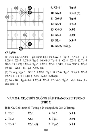 181
78e=8R889
455k,P556
e%5[5]5%6
$5%5%5%5^
422222226
488888886
$5%5r5%5^
4%5;5'5%6
4555,K556
122A2/223
9. X2–6 Tg–5
10. X6.3 X5–7 (3)
11. X6–5 Tg–6
12. X5/1 X7–3
13. C4–3 X3/2
14. X5.1 X3/1
15. S5.4 X3–7
16. X5/3, thắng.
Chúgiải:
(1) Nếu như 5.X2/2 Tg/1 (như Tg.1 thì 6.X2–6 Tg–5 7.X6.3 Tg–6
8.X6–4 X5–7 9.C4–3 Tg–5 10.X4–5 Tg–4 11.C3–4 X7–6 12.Tg–5
X6/5 13.X5/3) 6.X2–6 Tg–5 7.X6.2 X5/2 8.S4/5 X5–6 9.S5.4 X6–5
10.Tg/1 X5.5! 11.Tg.1 X5/5, hòa.
(2) Trường hợp 6... X5.1? 7.X2/2 Tg.1 8.X2–6 Tg–5 9.X6.3 X5–3
10.X6–5 Tg–4 11.Tg–5 X3/7 12.C4–5, thắng.
(3) Nếu 10... Tg–6 thì11.X6–4 X5–7 12.C4–3 Tg–5... diễn biến như
chúgiải (1)
VÁN 224: XE, CHỐT XUỐNG SÂU THẮNG XE 2 TƢỢNG
(THẾ 3)
Bên Xe, Chốt nhờ có Tượng nên thắng được Xe, 2 Tượng.
1. T3.1 X5/1 4. S6.5 X5.1
2. T1.3 X5.1 5. Tg/1 X5/1
3. T3/5 ! X5/1 (1) 6. Tg–5 X5.1
 