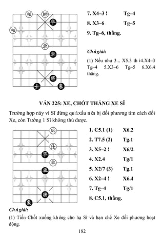 182
78e=k889
4555,P556
e%5[5]5%6
$5%5%5%5^
4222r2226
48888R886
$5%5%5%5^
4%5;5'5%6
4555,K556
122A2/E23
7. X4–3 ! Tg–4
8. X3–6 Tg–5
9. Tg–6, thắng.
Chúgiải:
(1) Nếu như 3... X5.3 thì4.X4–3
Tg–4 5.X3–6 Tg–5 6.X6.4
thắng.
VÁN 225: XE, CHỐT THẮNG XE SĨ
Trường hợp này vì Sĩ đứng quáxấu nên bị đối phương tìm cách đổi
Xe, còn Tướng 1 Sĩ không thủ được.
788=8k889
4555,5556
4%5[5a5%6
$5%5P5%5^
42222r226
4888R8886
$5%5%5%5^
4%5;5'5%6
4555K5556
12E.2/223
1. C5.1 (1) X6.2
2. T7.5 (2) Tg.1
3. X5–2 ! X6/2
4. X2.4 Tg/1
5. X2/7 (3) Tg.1
6. X2–4 ! X6.4
7. Tg–4 Tg/1
8. C5.1, thắng.
Chúgiải:
(1) Tiến Chốt xuống không cho hạ Sĩ và hạn chế Xe đối phương hoạt
động.
 
