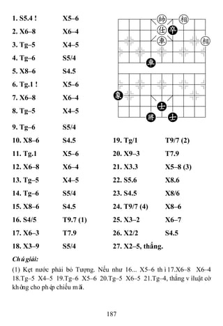 187
1. S5.4 ! X5–6 788=ke89
4555aP556
4%5[r]5%e
$5%5%5%5^
422R22226
488888886
$5%5%5%5^
E%5;5'5%6
4555A5556
122K2A223
2. X6–8 X6–4
3. Tg–5 X4–5
4. Tg–6 S5/4
5. X8–6 S4.5
6. Tg.1 ! X5–6
7. X6–8 X6–4
8. Tg–5 X4–5
9. Tg–6 S5/4
10. X8–6 S4.5 19. Tg/1 T9/7 (2)
11. Tg.1 X5–6 20. X9–3 T7.9
12. X6–8 X6–4 21. X3.3 X5–8 (3)
13. Tg–5 X4–5 22. S5.6 X8.6
14. Tg–6 S5/4 23. S4.5 X8/6
15. X8–6 S4.5 24. T9/7 (4) X8–6
16. S4/5 T9.7 (1) 25. X3–2 X6–7
17. X6–3 T7.9 26. X2/2 S4.5
18. X3–9 S5/4 27. X2–5, thắng.
Chúgiải:
(1) Kẹt nước phải bỏ Tượng. Nếu như 16... X5–6 thì17.X6–8 X6–4
18.Tg–5 X4–5 19.Tg–6 X5–6 20.Tg–5 X6–5 21.Tg–4, thắng vìluật cờ
không cho phép chiếu mãi.
 