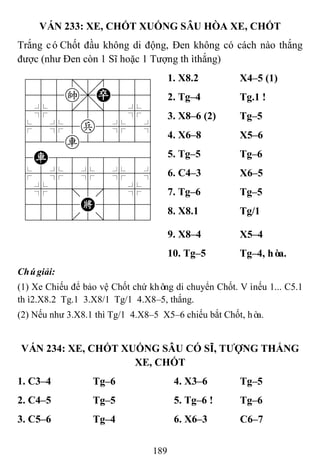 189
VÁN 233: XE, CHỐT XUỐNG SÂU HÒA XE, CHỐT
Trắng cóChốt đầu không di động, Đen không có cách nào thắng
được (như Đen còn 1 Sĩ hoặc 1 Tượng thìthắng)
788=8889
455k,P556
4%5[5]5%6
$5%5p5%5^
422r22226
4R8888886
$5%5%5%5^
4%5;5'5%6
4555K5556
122.2/223
1. X8.2 X4–5 (1)
2. Tg–4 Tg.1 !
3. X8–6 (2) Tg–5
4. X6–8 X5–6
5. Tg–5 Tg–6
6. C4–3 X6–5
7. Tg–6 Tg–5
8. X8.1 Tg/1
9. X8–4 X5–4
10. Tg–5 Tg–4, hòa.
Chúgiải:
(1) Xe Chiếu để bảo vệ Chốt chứ không di chuyển Chốt. Vìnếu 1... C5.1
thì2.X8.2 Tg.1 3.X8/1 Tg/1 4.X8–5, thắng.
(2) Nếu như 3.X8.1 thì Tg/1 4.X8–5 X5–6 chiếu bắt Chốt, hòa.
VÁN 234: XE, CHỐT XUỐNG SÂU CÓ SĨ, TƢỢNG THẮNG
XE, CHỐT
1. C3–4 Tg–6 4. X3–6 Tg–5
2. C4–5 Tg–5 5. Tg–6 ! Tg–6
3. C5–6 Tg–4 6. X6–3 C6–7
 