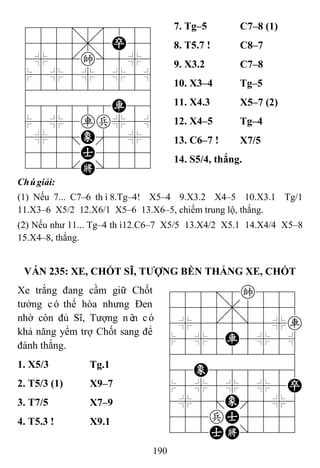 190
788=8889
4555,5P56
4%5[k]5%6
$5%5%5%5^
422222226
488888R86
$5%5rp%5^
4%5;E'5%6
4555A5556
122.K/223
7. Tg–5 C7–8 (1)
8. T5.7 ! C8–7
9. X3.2 C7–8
10. X3–4 Tg–5
11. X4.3 X5–7 (2)
12. X4–5 Tg–4
13. C6–7 ! X7/5
14. S5/4, thắng.
Chúgiải:
(1) Nếu 7... C7–6 thì8.Tg–4! X5–4 9.X3.2 X4–5 10.X3.1 Tg/1
11.X3–6 X5/2 12.X6/1 X5–6 13.X6–5, chiếm trung lộ, thắng.
(2) Nếu như 11... Tg–4 thì12.C6–7 X5/5 13.X4/2 X5.1 14.X4/4 X5–8
15.X4–8, thắng.
VÁN 235: XE, CHỐT SĨ, TƢỢNG BỀN THẮNG XE, CHỐT
Xe trắng đang cầm giữ Chốt
tưởng có thể hòa nhưng Đen
nhờ còn đủ Sĩ, Tượng nên có
khả năng yểm trợ Chốt sang để
đánh thắng.
788=8k889
4555,5556
4%5[5]5%r
$5%5R5%5^
422222226
48E888886
$5%5%5%5P
4%5;E'5%6
455pA5556
122AK/223
1. X5/3 Tg.1
2. T5/3 (1) X9–7
3. T7/5 X7–9
4. T5.3 ! X9.1
 