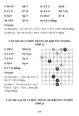 199
7. X9–8 ! X8–7 11. C2–3 X6–8
8. C1–2 X7–6 12. C3–4 X8–7 (2)
9. S4.5 X6–7 13. S5.4 ! X7–8
10. T5/3 X7–6 14. C6.1, thắng.
Chúgiải:
(1) Nếu như 6... T3.1 thì 7.C1–2 T1.3 8.C2–3 X7.1 9.X9.1 bắt Sĩ thắng.
(2) Nếu 12... X8.1 thì13.C6.1 X8–6 14.X9–5 rồi C6–5, thắng.
VÁN 245: XE 2 CHỐT THẮNG XE KHUYẾT TƢỢNG
(THẾ 1)
1. S5/6 ! X6/2 (1) 788k8aP89
4555a5556
e%5[5]5%6
$5P5%5%5^
42222r226
4888R8886
$5%5%5%5^
4%5A5'5%6
4555A5556
122.K/223
2. C3–4 ! T1.3 (2)
3. C4–5 Tg–5
4. X5.4 Tg–6
5. C7–6, thắng.
Chúgiải:
(1) Nếu như 1... X6/1 thì 2.C3–4
X6–3? 3.X5–6 thắng.
(2) Nếu 2... T1/3 thì3.C4–5 Tg–5
4.X5.4 Tg–6 5.X5.1 chiếu bắt
Tượng, thắng.
VÁN 246: LẠI XE 2 CHỐT THẮNG XE KHUYẾT TƢỢNG
(THẾ 2)
 