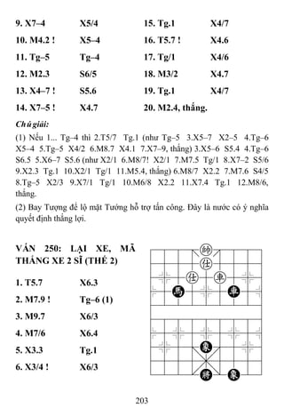 203
9. X7–4 X5/4 15. Tg.1 X4/7
10. M4.2 ! X5–4 16. T5.7 ! X4.6
11. Tg–5 Tg–4 17. Tg/1 X4/6
12. M2.3 S6/5 18. M3/2 X4.7
13. X4–7 ! S5.6 19. Tg.1 X4/7
14. X7–5 ! X4.7 20. M2.4, thắng.
Chúgiải:
(1) Nếu 1... Tg–4 thì 2.T5/7 Tg.1 (như Tg–5 3.X5–7 X2–5 4.Tg–6
X5–4 5.Tg–5 X4/2 6.M8.7 X4.1 7.X7–9, thắng) 3.X5–6 S5.4 4.Tg–6
S6.5 5.X6–7 S5.6 (như X2/1 6.M8/7! X2/1 7.M7.5 Tg/1 8.X7–2 S5/6
9.X2.3 Tg.1 10.X2/1 Tg/1 11.M5.4, thắng) 6.M8/7 X2.2 7.M7.6 S4/5
8.Tg–5 X2/3 9.X7/1 Tg/1 10.M6/8 X2.2 11.X7.4 Tg.1 12.M8/6,
thắng.
(2) Bay Tượng để lộ mặt Tướng hỗ trợ tấn công. Đây là nước có ý nghĩa
quyết định thắng lợi.
VÁN 250: LẠI XE, MÃ
THẮNG XE 2 SĨ (THẾ 2)
788=k889
4555a5556
4%5a5r5%6
$5H5%5R5^
422222226
488888886
$5%5%5%5^
4%5;E'5%6
4555,5556
122.K/E23
1. T5.7 X6.3
2. M7.9 ! Tg–6 (1)
3. M9.7 X6/3
4. M7/6 X6.4
5. X3.3 Tg.1
6. X3/4 ! X6/3
 