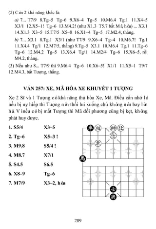209
(2) Còn 2 khả năng khác là:
a) 7... T7/9 8.Tg–5 Tg–6 9.X6–4 Tg–5 10.M6.4 Tg.1 11.X4–5
X3/1 12.X5–1! Tg–6 13.M4.2! (như X1.3 T5.7 bắt Mã, hòa) ... X3.1
14.X1.3 X3–5 15.T7/5 X5–8 16.X1–4 Tg–5 17.M2.4, thắng.
b) 7... X3.1 8.Tg.1 X3/1 (như T7/9 9.X6–4 Tg–4 10.M6.7! Tg.1
11.X4.4 Tg/1 12.M7/5, thắng) 9.Tg–5 X3.1 10.M6.4 Tg.1 11.Tg–6
Tg–6 12.M4.2 Tg–5 13.X6.4 Tg/1 14.M2/4 Tg–6 15.X6–5, rồi
M4.2, thắng.
(3) Nếu như 8... T7/9 thì 9.M6.4 Tg–6 10.X6–5! X1/1 11.X5–1 T9/7
12.M4.3, bắt Tượng, thắng.
VÁN 257: XE, MÃ HÒA XE KHUYẾT 1 TƢỢNG
Xe 2 Sĩ và 1 Tượng cókhả năng thủ hòa Xe, Mã. Điều cần nhớ là
nếu bị uy hiếp thì Tượng nên thối lui xuống chứ không nên bay lên
hà. Vìnếu cóbị mất Tượng thì Mã đối phương cũng bị kẹt, không
phát huy được.
1. S5/4 X3–5 7Re=ka889
4555a5556
4%r[5]5%6
$5%5%5%5^
H22222226
488888886
$5%5%5%5^
4%5;5'5%6
4555A5556
122.K/223
2. Tg–6 X5–3 !
3. M9.8 S5/4 !
4. M8.7 X7/1
5. S4.5 S6.5
6. X8–9 Tg–6
7. M7/9 X3–2, hòa
 