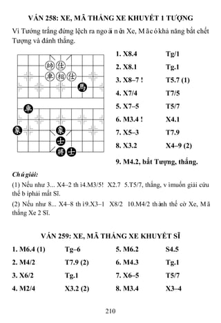 210
VÁN 258: XE, MÃ THẮNG XE KHUYẾT 1 TƢỢNG
Vì Tướng trắng đứng lệch ra ngoài nên Xe, Mãcókhả năng bắt chết
Tượng và đánh thắng.
788=8889
455ka5556
4%5rea5%6
$5%5%5H5^
422222226
4R8888886
$5%5%5%5^
E%5;E'5%6
4555A5556
122.KA223
1. X8.4 Tg/1
2. X8.1 Tg.1
3. X8–7 ! T5.7 (1)
4. X7/4 T7/5
5. X7–5 T5/7
6. M3.4 ! X4.1
7. X5–3 T7.9
8. X3.2 X4–9 (2)
9. M4.2, bắt Tƣợng, thắng.
Chúgiải:
(1) Nếu như 3... X4–2 thì4.M3/5! X2.7 5.T5/7, thắng, vìmuốn giải cứu
thế bíphải mất Sĩ.
(2) Nếu như 8... X4–8 thì9.X3–1 X8/2 10.M4/2 thành thế cờ Xe, Mã
thắng Xe 2 Sĩ.
VÁN 259: XE, MÃ THẮNG XE KHUYẾT SĨ
1. M6.4 (1) Tg–6 5. M6.2 S4.5
2. M4/2 T7.9 (2) 6. M4.3 Tg.1
3. X6/2 Tg.1 7. X6–5 T5/7
4. M2/4 X3.2 (2) 8. M3.4 X3–4
 