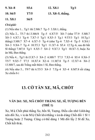 212
9. X6–8 S5.6 12. X8.1 Tg/1
10. S6/5 T7/5 13. X8–5, thắng.
11. X8.1 S6/5
Chúgiải:
(1) Nếu như 1... Tg/1 thì 2.M6.7 Tg–5 3.X8.1, thắng.
(2) Nếu 2... T5.7 thì3.M6/8 Tg–5 4.X7/3! X8–7 (như T7.9 5.M8.7
X8–3 6.X7.1 Tg–6 7.X7–5 Tg/1 8.X5–3 Tg.1 9.T5/3 Tg/1 10.Tg.1
thắng) 5.M8.7 X7–4 6.X7–5 Tg–4 (như Tg–6 7.X5–4 Tg–5 8.X4.1
X4–3 9.X4–7 Tg–4 10.T5.3 Tg/1 11.X7–6 S5.4 12.Tg–6, sau đó bắt
Sĩ thắng) 7.M7.8 Tg/1 8.X5–7 X4–2 9.X7.3 Tg/1 10.X7–5, buộc Xe
ăn Mã, Đen thắng.
(3) Nếu 4... Tg/1 thì5.X7–3 X4–2 6.M8/7 T7.5 7.X3–6 S5.4 8.X6–5
T5/7 9.X5–7 T7.5 10.X7.4 X2–6 11.M7.8 Tg–5 12.X7–6 X6–2
13.M8/7, sau đó Trắng mất thêm 1 Sĩ, Đen thắng.
(4) Nếu như 5... T9/7 thì 6.T5/3 X4–5 7.Tg–4 X5–4 8.M7.8 rồi dùng
Xe chiếu bí.
13. CỜ TÀN XE, MÃ, CHỐT
VÁN 261: XE, MÃ CHỐT THẮNG XE, SĨ, TƢỢNG BỀN
(THẾ 1)
Xe, Mã, Chốt phải thắng Xe, bền Sĩ, Tượng. Điều cần nhớ làkhông
nên đổi Xe, vìcòn Mã, Chốt khóthắng vànên dùng Chốt đổi 1 Sĩ 1
Tượng hoặc 2 Tượng. Cũng cóthể dùng 1 Mã đổi lấy 2 Sĩ để Xe,
Chốt kết thúc.
 