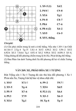 219
788k8889
4555,5556
4%5[5C5%6
$5%5%5%5^
422r22226
488888886
R5%5%5%5p
4%5;5'5%6
4555,5556
122.K/223
1. X9–5 (1) X4/2
2. P4/4 ! C9–8
3. X5.6 Tg.1
4. P4–8 C8–7
5. P8.6 C7–6
6. P8–6 (2) X4–2
7. X5/5 C6–5
8. X5/1, thắng.
Chúgiải:
(1) Cần phải chiếm trung lộ mới cóthể thắng. Nếu như 1.X9–1 ăn Chốt
thìX4–5 2.Tg–4 Tg–5! 3.X1–4 X5/2 4.P4.2 X5.2 5.P4–2 X5/2
6.P2/6 X5.3 7.X4.6 Tg.1 8.P2–8 X5.2 9.P8.6 X5/2 10.P8–5 X5–8,
Trắng không để đối phương chiếm trung lộ thìXe, Pháo không thể thắng.
(2) Đưa Pháo lòn dưới Tướng đuổi Xe đối phương để lui về chiếu Tướng
thắng.
VÁN 269: XE, PHÁO HÒA XE 1 TƢỢNG
Bên Trắng còn 1 Xe 1 Tượng đủ sức thủ hòa đối phương 1 Xe 1
Pháo nếu Xe, Tượng liên hệ bảo vệ nhau chặt chẽ.
1. X9.5 X7.1 ! 6. P9–2 T9.7 !
2. X9–5 Tg–6 7. X5/4 X6/5
3. P5–9 X7–6 8. P2.1 (1) X6.4
4. P9.3 T7/9 9. X5–3 X6–5
5. X5.4 Tg.1 10. Tg–6 Tg–5
 