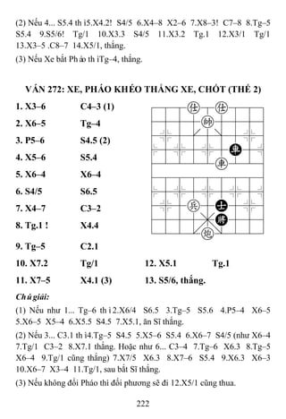 222
(2) Nếu 4... S5.4 thì5.X4.2! S4/5 6.X4–8 X2–6 7.X8–3! C7–8 8.Tg–5
S5.4 9.S5/6! Tg/1 10.X3.3 S4/5 11.X3.2 Tg.1 12.X3/1 Tg/1
13.X3–5 .C8–7 14.X5/1, thắng.
(3) Nếu Xe bắt Pháo thìTg–4, thắng.
VÁN 272: XE, PHÁO KHÉO THẮNG XE, CHỐT (THẾ 2)
1. X3–6 C4–3 (1) 788a8a889
4555k5556
4%5[5]5%6
$5%5%5R5^
42222r226
488888886
$5%5%5%5^
4%5p5A5%6
4555,K556
122.c/223
2. X6–5 Tg–4
3. P5–6 S4.5 (2)
4. X5–6 S5.4
5. X6–4 X6–4
6. S4/5 S6.5
7. X4–7 C3–2
8. Tg.1 ! X4.4
9. Tg–5 C2.1
10. X7.2 Tg/1 12. X5.1 Tg.1
11. X7–5 X4.1 (3) 13. S5/6, thắng.
Chúgiải:
(1) Nếu như 1... Tg–6 thì2.X6/4 S6.5 3.Tg–5 S5.6 4.P5–4 X6–5
5.X6–5 X5–4 6.X5.5 S4.5 7.X5.1, ăn Sĩ thắng.
(2) Nếu 3... C3.1 thì4.Tg–5 S4.5 5.X5–6 S5.4 6.X6–7 S4/5 (như X6–4
7.Tg/1 C3–2 8.X7.1 thắng. Hoặc như 6... C3–4 7.Tg–6 X6.3 8.Tg–5
X6–4 9.Tg/1 cũng thắng) 7.X7/5 X6.3 8.X7–6 S5.4 9.X6.3 X6–3
10.X6–7 X3–4 11.Tg/1, sau bắt Sĩ thắng.
(3) Nếu không đổi Pháo thì đối phương sẽ đi 12.X5/1 cũng thua.
 