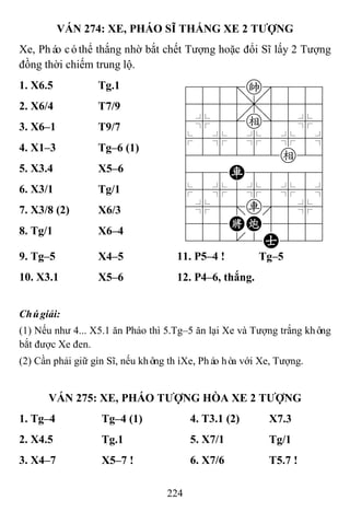 224
VÁN 274: XE, PHÁO SĨ THẮNG XE 2 TƢỢNG
Xe, Pháo cóthể thắng nhờ bắt chết Tượng hoặc đổi Sĩ lấy 2 Tượng
đồng thời chiếm trung lộ.
1. X6.5 Tg.1 788=k889
4555,5556
4%5[e]5%6
$5%5%5%5^
422222e26
488R88886
$5%5%5%5^
4%5;r'5%6
455KC5556
122.2A223
2. X6/4 T7/9
3. X6–1 T9/7
4. X1–3 Tg–6 (1)
5. X3.4 X5–6
6. X3/1 Tg/1
7. X3/8 (2) X6/3
8. Tg/1 X6–4
9. Tg–5 X4–5 11. P5–4 ! Tg–5
10. X3.1 X5–6 12. P4–6, thắng.
Chúgiải:
(1) Nếu như 4... X5.1 ăn Pháo thì 5.Tg–5 ăn lại Xe và Tượng trắng không
bắt được Xe đen.
(2) Cần phải giữ gìn Sĩ, nếu không thìXe, Pháo hòa với Xe, Tượng.
VÁN 275: XE, PHÁO TƢỢNG HÒA XE 2 TƢỢNG
1. Tg–4 Tg–4 (1) 4. T3.1 (2) X7.3
2. X4.5 Tg.1 5. X7/1 Tg/1
3. X4–7 X5–7 ! 6. X7/6 T5.7 !
 