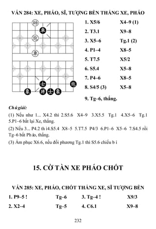 232
VÁN 284: XE, PHÁO, SĨ, TƢỢNG BỀN THẮNG XE, PHÁO
788k8889
4555R5556
4%5c5]5%6
$5%5%5%5^
422r22226
488888886
$5%5%5%5^
4%5;5'5%6
4555A555C
12E.KAE23
1. X5/6 X4–9 (1)
2. T3.1 X9–8
3. X5–6 Tg.1 (2)
4. P1–4 X8–5
5. T7.5 X5/2
6. S5.4 X5–8
7. P4–6 X8–5
8. S4/5 (3) X5–8
9. Tg–6, thắng.
Chúgiải:
(1) Nếu như 1... X4.2 thì 2.S5.6 X4–9 3.X5.5 Tg.1 4.X5–6 Tg.1
5.P1–6 bắt lại Xe, thắng.
(2) Nếu 3... P4.2 thì4.S5.4 X8–5 5.T7.5 P4/3 6.P1–6 X5–6 7.S4.5 rồi
Tg–6 bắt Pháo, thắng.
(3) Ám phục X6.6, nếu đối phương Tg.1 thì S5.6 chiếu bí.
15. CỜ TÀN XE PHÁO CHỐT
VÁN 285: XE, PHÁO, CHỐT THẮNG XE, SĨ TƢỢNG BỀN
1. P9–5 ! Tg–6 3. Tg–4 ! X9/3
2. X2–4 Tg–5 4. C6.1 X9–8
 