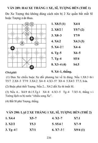 236
VÁN 289: HAI XE THẮNG 1 XE, SĨ, TƢỢNG BỀN (THẾ 1)
Do Xe Tượng thủ không đúng cách nên bị 2 Xe quần bắt mất Sĩ
hoặc Tượng nên thua.
788=ka889
4555a5556
4%5[e]5%6
$5%5%R%5^
422r22e26
4R8888886
$5%5%5%5^
4%5;5'5%6
4555,5556
122.2K223
1. X8.5 (1) X4/4
2. X8/2 ! T5/7 (2)
3. X8–3 T7/9
4. X4.2 X4.3 (3)
5. X4–2 ! X4–6
6. Tg–5 X6–5
7. Tg–4 S5/4
8. X3–4 (4) S4.5
Chúgiải: 9. X4–1, thắng.
(1) Đưa Xe chiếu buộc Xe đối phương lui về là đúng. Nếu 1.X8.3 thì
T5/7 2.X8–3 T7/9 3.X4.2 X4–8 4.X3–5? X8–6 5.X4/3 T7.5, hòa.
(2) Buộc phải thối Tượng. Nếu 2... X4.2 đổi Xe thìmất Sĩ.
(3) Nếu 4... X4.9 thì5.Tg.1 X4–8 6.X3–5 Tg–4 7.X5–8, thắng vì
Tướng lệch ra bị nước “chiếu song Xe”.
(4) Bắt Sĩ phá Tượng, thắng.
VÁN 290: LẠI 2 XE THẮNG 1 XE, SĨ, TƢỢNG BỀN (THẾ 2)
1. X4.4 X5–7 4. X2–7 X7.1
2. X2/2 T5.3 5. S5.6 ! X7–9
3. Tg–4 ! X7/1 6. X7–3 ! X9/4 (1)
 