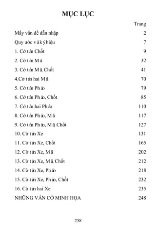 258
MỤC LỤC
Trang
Mấy vấn đề dẫn nhập 2
Quy ước vàkýhiệu 7
1. Cờ tàn Chốt 9
2. Cờ tàn Mã 32
3. Cờ tàn Mã, Chốt 41
4.Cờ tàn hai Mã 70
5. Cờ tàn Pháo 79
6. Cờ tàn Pháo, Chốt 85
7. Cờ tàn hai Pháo 110
8. Cờ tàn Pháo, Mã 117
9. Cờ tàn Pháo, Mã, Chốt 127
10. Cờ tàn Xe 131
11. Cờ tàn Xe, Chốt 165
12. Cờ tàn Xe, Mã 202
13. Cờ tàn Xe, Mã, Chốt 212
14. Cờ tàn Xe, Pháo 218
15. Cờ tàn Xe, Pháo, Chốt 232
16. Cờ tàn hai Xe 235
NHỮNG VÁN CỜ MINH HỌA 248
 