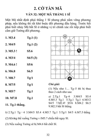 32
2. CỜ TÀN MÃ
VÁN 32: MỘT MÃ THẮNG 1 SĨ
Một Mã nhất định phải thắng 1 Sĩ nhưng phải nắm vững phương
pháp, nếu không thì rất khó buộc đối phương đầu hàng. Trước hết
phải biết nhảy Mã bắt Sĩ ở những vị trí chính xác rồi tiếp phải biết
cầm giữ Tướng đối phương.
1. M3.4 Tg.1 (1) 788k8889
4555a5556
4%5[5]5%6
$5%5%5H5^
422222226
488888886
$5%5%5%5^
4%5;5'5%6
4555,5556
122.K/223
2. M4/5 Tg.1 (2)
3. M5.3 ! S5.6
4. M3/4 S6/5 (3)
5. M4.6 ! S5/6
6. M6.8 S6.5
7. M8.7 Tg/1
8. M7/5 Tg/1 Chú giải:
(1) Nếu như 1… Tg–5 thì bị thua
theo 2 cách như sau:
a) 2.Tg.1 Tg–6 3.M4/5 S5.4
4.M5.3 Tg.1 5.Tg.1 Tg.1 6.M3/2
S4/5 7.M2.4! S5/6 8.M4.2 S6.5
9.M2.3 bắt Sĩ thắng.
9. M5/7 Tg.1
10. M7.8 Tg.1
11. Tg.1 thắng.
b) 2.Tg.1 Tg–4 3.M4/5 S5.4 4.M5.7 Tg.1 5.Tg/1 S4/5 6.M7.5 thắng
(2) Không thể xuống Tướng vìM5.7 chiếu bắt ngay Sĩ.
(3) Nếu xuống Tướng sẽ bị M4.6 bắt chết Sĩ.
 