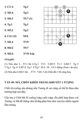 45
1. C3–4 Tg.1 788k8a889
4555a5P56
4%5[e]5%6
$5%5%5%5^
422222226
488888886
$5%5%5%5^
4%5;5'H%6
4555,5556
122.K/223
2. M3.4 Tg/1
3. M4.3 T5.7 (1)
4. Tg.1 Tg.1
5. M3.2 Tg/1
6. C4.1 (2) S5/6
7. M2.4 T7/9
8. M4/2 T9.7
9. M2/4 T7/5! hòa
Chúgiải:
(1) Nếu như 3... T5.3 thì 4.Tg.1 T3/1 5.M3/5 T1.3 6.M5.7 Tg–5
7.Tg.1 Tg–4 8.M7.8 Tg.1 9.Tg/1 S5.6 10... C4.1 thắng (Xem ván sau)
(2) Nếu như 6.M2/1 thì ... T7/5 7.M1.3 rồi Chốt đổi 2 Sĩ cũng hòa.
VÁN 49: MÃ, CHỐT KHÉO THẮNG KHUYẾT 1 TƢỢNG
Chốt dùxuống sâu nhưng nếu Tượng đi sai cũng có thể bị thua như
trường hợp sau đây.
Cần lưu ý Chốt bắt Sĩ xuống hàng cuối cùng vẫn phối hợp được với
Tướng và Mã để thắng chứ không phải hòa như xưa kia nhiều người
lầm tưởng.
 