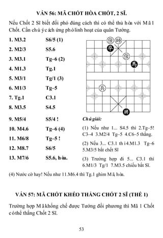 53
VÁN 56: MÃ CHỐT HÒA CHỐT, 2 SĨ.
Nếu Chốt 2 Sĩ biết đối phó đúng cách thì có thể thủ hòa với Mã1
Chốt. Cần chúýcách ứng phólinh hoạt của quân Tướng.
1. M3.2 S6/5 (1) 788ak889
455P,5556
4%5[5a5%6
$5%5%5H5^
422222226
488888886
$5p5%5%5^
4%5;5'5%6
4555,5556
122.2K223
2. M2/3 S5.6
3. M3.1 Tg–6 (2)
4. M1.3 Tg.1
5. M3/1 Tg/1 (3)
6. M1/3 Tg–5
7. Tg.1 C3.1
8. M3.5 S4.5
9. M5/4 S5/4 ! Chúgiải:
(1) Nếu như 1... S4.5 thì 2.Tg–5!
C3–4 3.M2/4 Tg–5 4.C6–5 thắng.
(2) Nếu 3... C3.1 thì4.M1.3 Tg–6
5.M3/5 bắt chết Sĩ
(3) Trường hợp đi 5... C3.1 thì
6.M1/3 Tg/1 7.M3.5 chiếu bắt Sĩ.
10. M4.6 Tg–6 (4)
11. M6/8 Tg–5 !
12. M8.7 S6/5
13. M7/6 S5.6, hòa.
(4) Nước cờ hay! Nếu như 11.M6.4 thì Tg.1 ghim Mã, hòa.
VÁN 57: MÃ CHỐT KHÉO THẮNG CHỐT 2 SĨ (THẾ 1)
Trường hợp Mãkhống chế được Tướng đối phương thì Mã 1 Chốt
cóthể thắng Chốt 2 Sĩ.
 