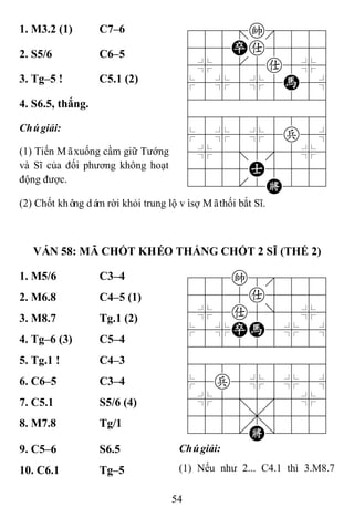 54
1. M3.2 (1) C7–6 788=k889
455Pa5556
4%5[5a5%6
$5%5%5H5^
422222226
488888886
$5%5%5p5^
4%5;5'5%6
4555A5556
122.2K223
2. S5/6 C6–5
3. Tg–5 ! C5.1 (2)
4. S6.5, thắng.
Chúgiải:
(1) Tiến Mãxuống cầm giữ Tướng
và Sĩ của đối phương không hoạt
động được.
(2) Chốt không dám rời khỏi trung lộ vìsợ Mãthối bắt Sĩ.
VÁN 58: MÃ CHỐT KHÉO THẮNG CHỐT 2 SĨ (THẾ 2)
1. M5/6 C3–4 788k8889
4555a5556
4%5a5]5%6
$5%PH5%5^
422222226
488888886
$5p5%5%5^
4%5;5'5%6
4555,5556
122.K/223
2. M6.8 C4–5 (1)
3. M8.7 Tg.1 (2)
4. Tg–6 (3) C5–4
5. Tg.1 ! C4–3
6. C6–5 C3–4
7. C5.1 S5/6 (4)
8. M7.8 Tg/1
9. C5–6 S6.5 Chúgiải:
(1) Nếu như 2... C4.1 thì 3.M8.710. C6.1 Tg–5
 