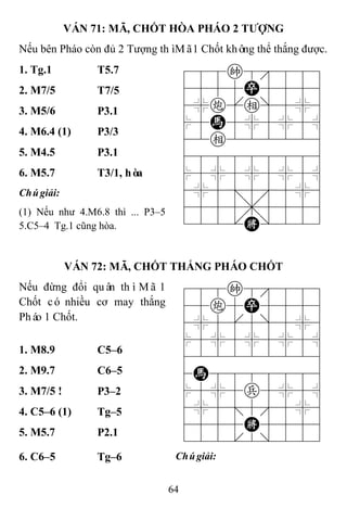 64
VÁN 71: MÃ, CHỐT HÒA PHÁO 2 TƢỢNG
Nếu bên Pháo còn đủ 2 Tượng thìMã1 Chốt không thể thắng được.
1. Tg.1 T5.7 788k8889
4555P5556
4%c[e]5%6
$5H5%5%5^
42e222226
488888886
$5%5%5%5^
4%5;5'5%6
4555,5556
122.K/223
2. M7/5 T7/5
3. M5/6 P3.1
4. M6.4 (1) P3/3
5. M4.5 P3.1
6. M5.7 T3/1, hòa
Chúgiải:
(1) Nếu như 4.M6.8 thì ... P3–5
5.C5–4 Tg.1 cũng hòa.
VÁN 72: MÃ, CHỐT THẮNG PHÁO CHỐT
Nếu đừng đổi quân thìMã 1
Chốt có nhiều cơ may thắng
Pháo 1 Chốt.
788k8889
45c5P5556
4%5[5]5%6
$5%5%5%5^
422222226
4H8888886
$5%5p5%5^
4%5;5'5%6
4555K5556
122.2/223
1. M8.9 C5–6
2. M9.7 C6–5
3. M7/5 ! P3–2
4. C5–6 (1) Tg–5
5. M5.7 P2.1
6. C6–5 Tg–6 Chúgiải:
 