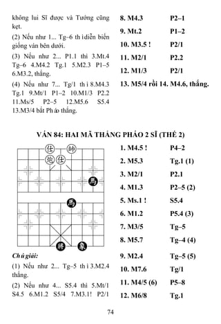 74
không lui Sĩ được và Tướng cũng
kẹt.
(2) Nếu như 1... Tg–6 thìdiễn biến
giống ván bên dưới.
(3) Nếu như 2... P1.1 thì 3.Mt.4
Tg–6 4.M4.2 Tg.1 5.M2.3 P1–5
6.M3.2, thắng.
(4) Nếu như 7... Tg/1 thì8.M4.3
Tg.1 9.Mt/1 P1–2 10.M1/3 P2.2
11.Ms/5 P2–5 12.M5.6 S5.4
13.M3/4 bắt Pháo thắng.
8. M4.3 P2–1
9. Mt.2 P1–2
10. M3.5 ! P2/1
11. M2/1 P2.2
12. M1/3 P2/1
13. M5/4 rồi 14. M4.6, thắng.
VÁN 84: HAI MÃ THẮNG PHÁO 2 SĨ (THẾ 2)
788a8k889
455ca5556
4%5[5]5%6
$5%5%5%H^
422222226
48888H886
$5%5%5%5^
4%5;5'5%6
4555,5556
122.K/E23
1. M4.5 ! P4–2
2. M5.3 Tg.1 (1)
3. M2/1 P2.1
4. M1.3 P2–5 (2)
5. Ms.1 ! S5.4
6. M1.2 P5.4 (3)
7. M3/5 Tg–5
8. M5.7 Tg–4 (4)
Chúgiải:
(1) Nếu như 2... Tg–5 thì3.M2.4
thắng.
(2) Nếu như 4... S5.4 thì 5.Mt/1
S4.5 6.M1.2 S5/4 7.M3.1! P2/1
9. M2.4 Tg–5 (5)
10. M7.6 Tg/1
11. M4/5 (6) P5–8
12. M6/8 Tg.1
 