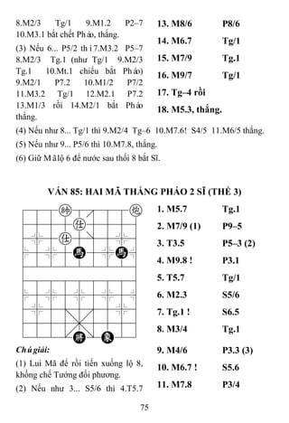 75
8.M2/3 Tg/1 9.M1.2 P2–7
10.M3.1 bắt chết Pháo, thắng.
(3) Nếu 6... P5/2 thì7.M3.2 P5–7
8.M2/3 Tg.1 (như Tg/1 9.M2/3
Tg.1 10.Mt.1 chiếu bắt Pháo)
9.M2/1 P7.2 10.M1/2 P7/2
11.M3.2 Tg/1 12.M2.1 P7.2
13.M1/3 rồi 14.M2/1 bắt Pháo
thắng.
13. M8/6 P8/6
14. M6.7 Tg/1
15. M7/9 Tg.1
16. M9/7 Tg/1
17. Tg–4 rồi
18. M5.3, thắng.
(4) Nếu như 8... Tg/1 thì 9.M2/4 Tg–6 10.M7.6! S4/5 11.M6/5 thắng.
(5) Nếu như 9... P5/6 thì 10.M7.8, thắng.
(6) Giữ Mãlộ 6 để nước sau thối 8 bắt Sĩ.
VÁN 85: HAI MÃ THẮNG PHÁO 2 SĨ (THẾ 3)
788k888c
4555a5556
4%5a5]5%6
$5%5H5%H^
422222226
488888886
$5%5%5%5^
4%5;5'5%6
4555,5556
122.K/E23
1. M5.7 Tg.1
2. M7/9 (1) P9–5
3. T3.5 P5–3 (2)
4. M9.8 ! P3.1
5. T5.7 Tg/1
6. M2.3 S5/6
7. Tg.1 ! S6.5
8. M3/4 Tg.1
Chúgiải:
(1) Lui Mã để rồi tiến xuống lộ 8,
khống chế Tướng đối phương.
(2) Nếu như 3... S5/6 thì 4.T5.7
9. M4/6 P3.3 (3)
10. M6.7 ! S5.6
11. M7.8 P3/4
 