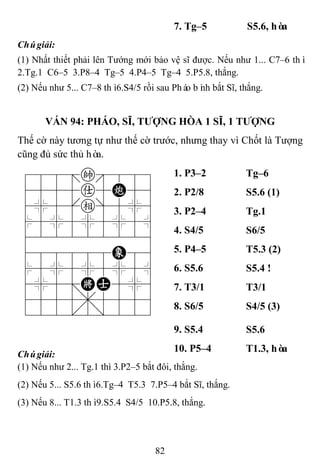 82
7. Tg–5 S5.6, hòa
Chúgiải:
(1) Nhất thiết phải lên Tướng mới bảo vệ sĩ được. Nếu như 1... C7–6 thì
2.Tg.1 C6–5 3.P8–4 Tg–5 4.P4–5 Tg–4 5.P5.8, thắng.
(2) Nếu như 5... C7–8 thì6.S4/5 rồi sau Pháo bình bắt Sĩ, thắng.
VÁN 94: PHÁO, SĨ, TƢỢNG HÒA 1 SĨ, 1 TƢỢNG
Thế cờ này tương tự như thế cờ trước, nhưng thay vì Chốt là Tượng
cũng đủ sức thủ hòa.
788=k889
4555a5C56
4%5[e]5%6
$5%5%5%5^
422222226
488888E86
$5%5%5%5^
4%5;KA5%6
4555,5556
122.2/223
1. P3–2 Tg–6
2. P2/8 S5.6 (1)
3. P2–4 Tg.1
4. S4/5 S6/5
5. P4–5 T5.3 (2)
6. S5.6 S5.4 !
7. T3/1 T3/1
8. S6/5 S4/5 (3)
9. S5.4 S5.6
Chúgiải:
10. P5–4 T1.3, hòa
(1) Nếu như 2... Tg.1 thì 3.P2–5 bắt đôi, thắng.
(2) Nếu 5... S5.6 thì6.Tg–4 T5.3 7.P5–4 bắt Sĩ, thắng.
(3) Nếu 8... T1.3 thì9.S5.4 S4/5 10.P5.8, thắng.
 